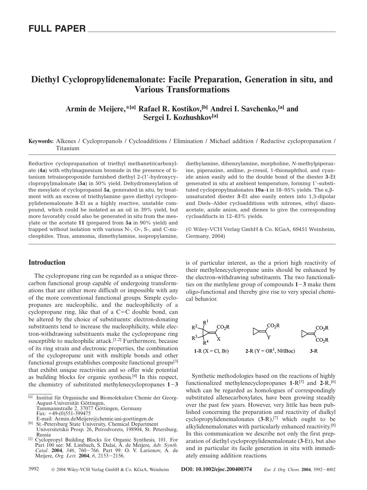 Diethyl Cyclopropylidenemalonate: Facile Preparation, Generation in situ, and Various Transformations by Unknown