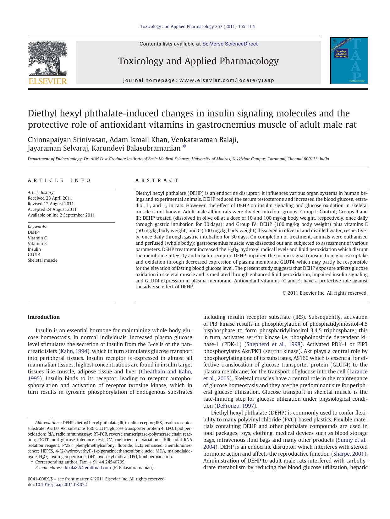 Diethyl hexyl phthalate-induced changes in insulin signaling molecules and the protective role of antioxidant vitamins in gastrocnemius muscle of adult male rat by unknow