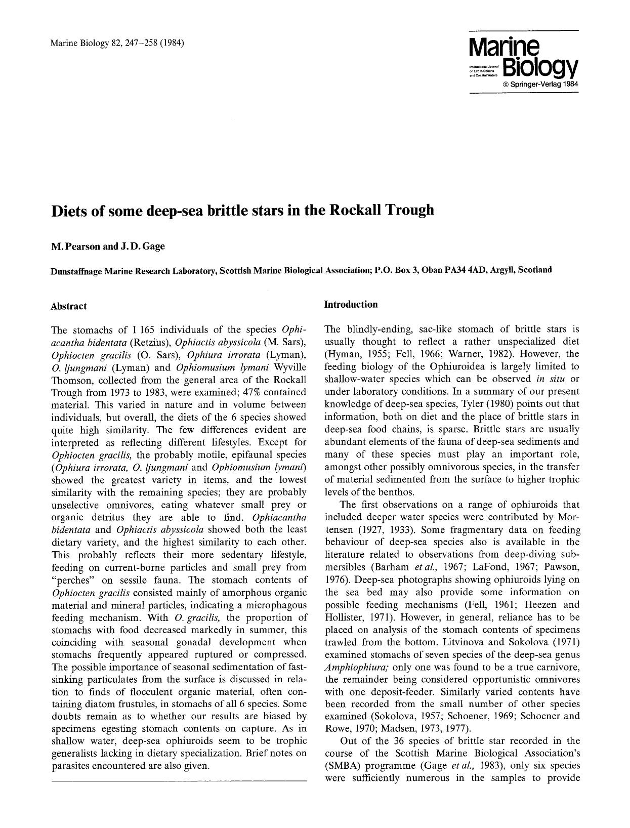 Diets of some deep-sea brittle stars in the Rockall Trough by Unknown
