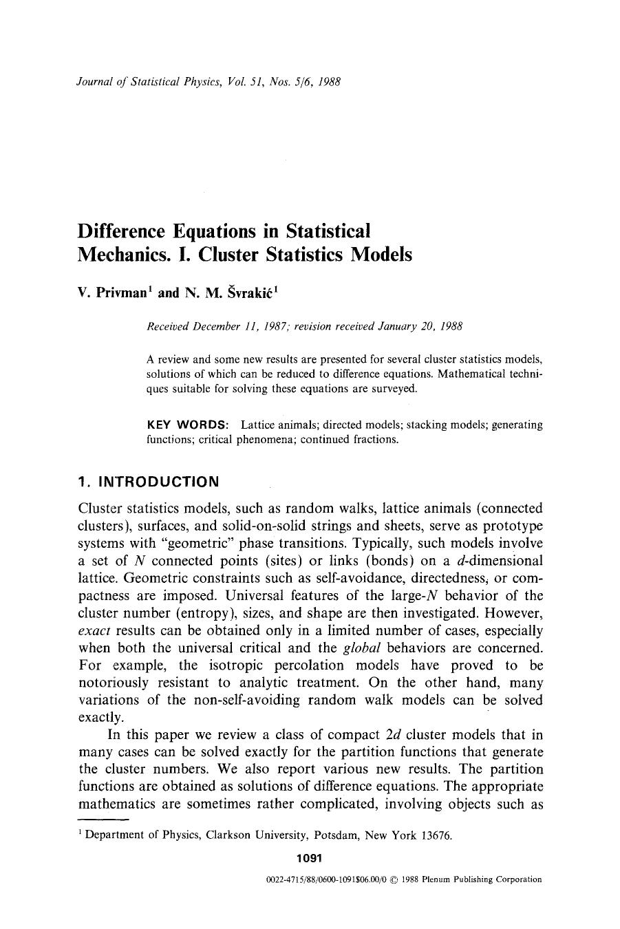 Difference equations in statistical mechanics. I. Cluster statistics models by Unknown