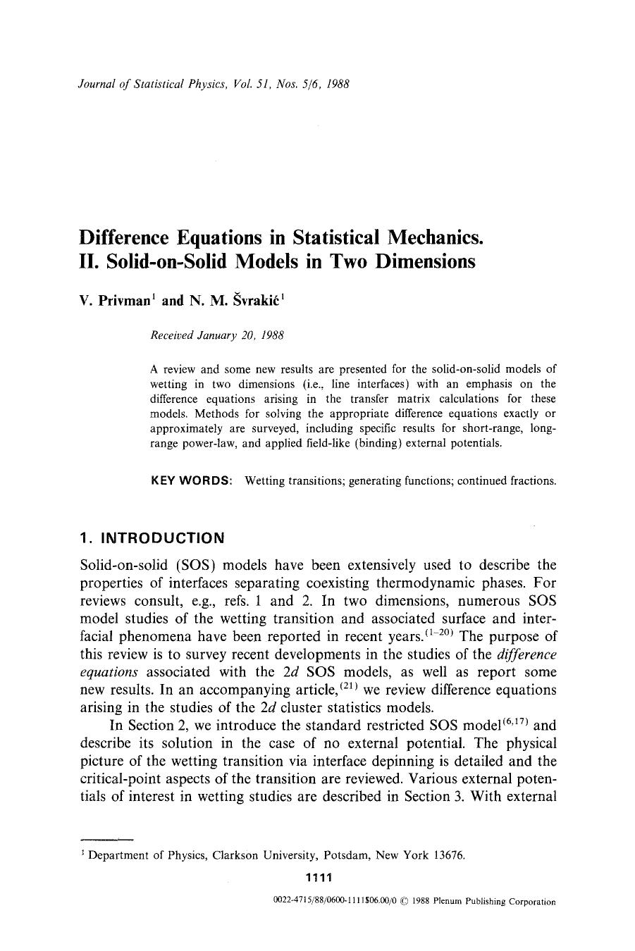 Difference equations in statistical mechanics. II. Solid-on-solid models in two dimensions by Unknown