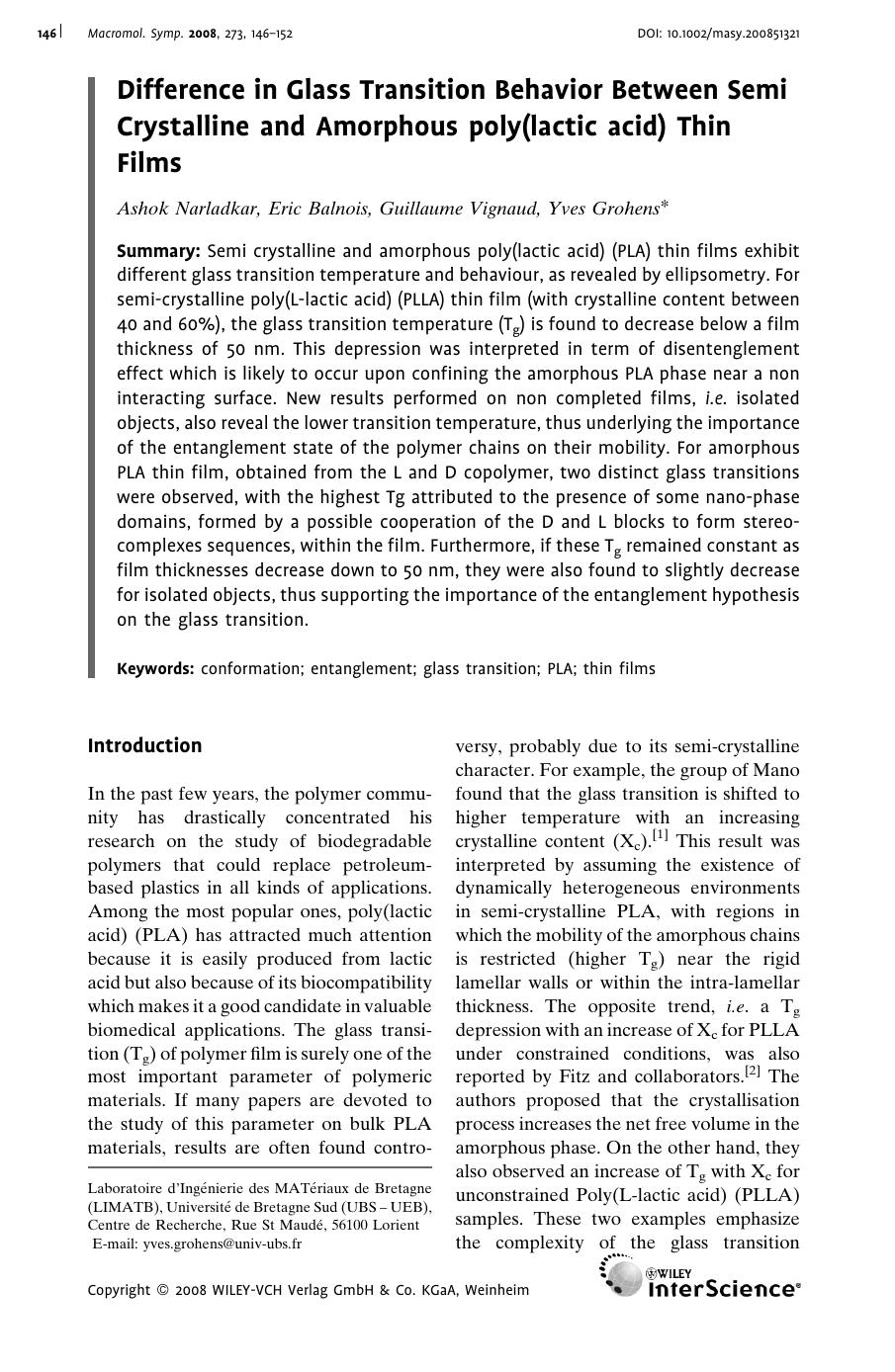 Difference in Glass Transition Behavior Between Semi Crystalline and Amorphous poly(lactic acid) Thin Films by Unknown