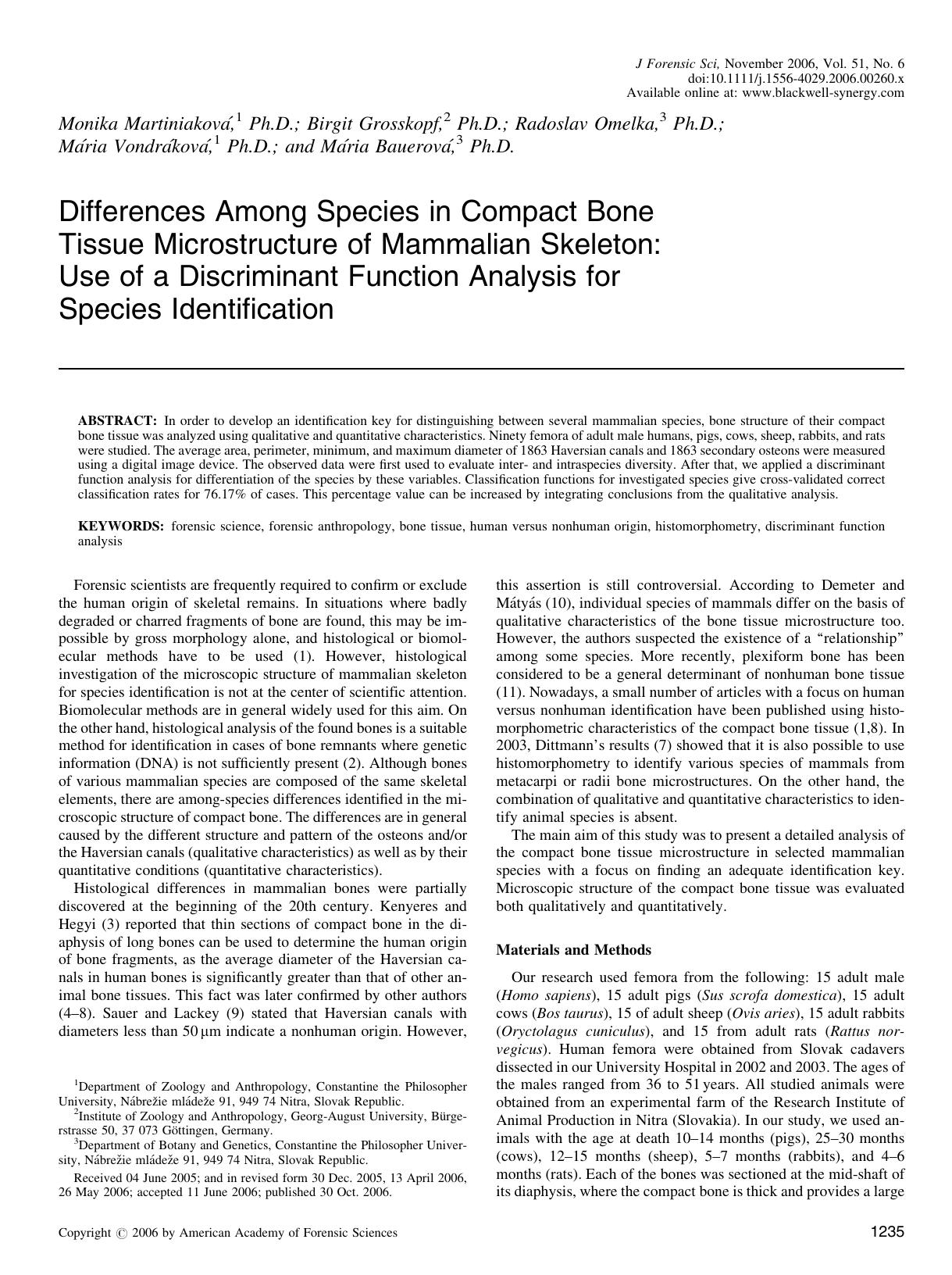 Differences Among Species in Compact Bone Tissue Microstructure of Mammalian Skeleton: Use of a Discriminant Function Analysis for Species Identification by Unknown