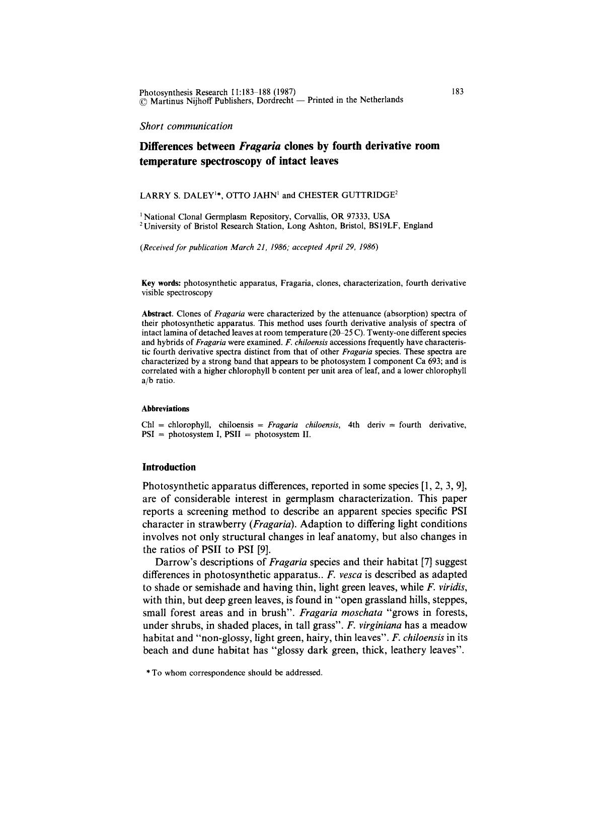 Differences between <Emphasis Type="Italic">Fragaria <Emphasis> clones by fourth derivative room temperature spectroscopy of intact leaves by Unknown