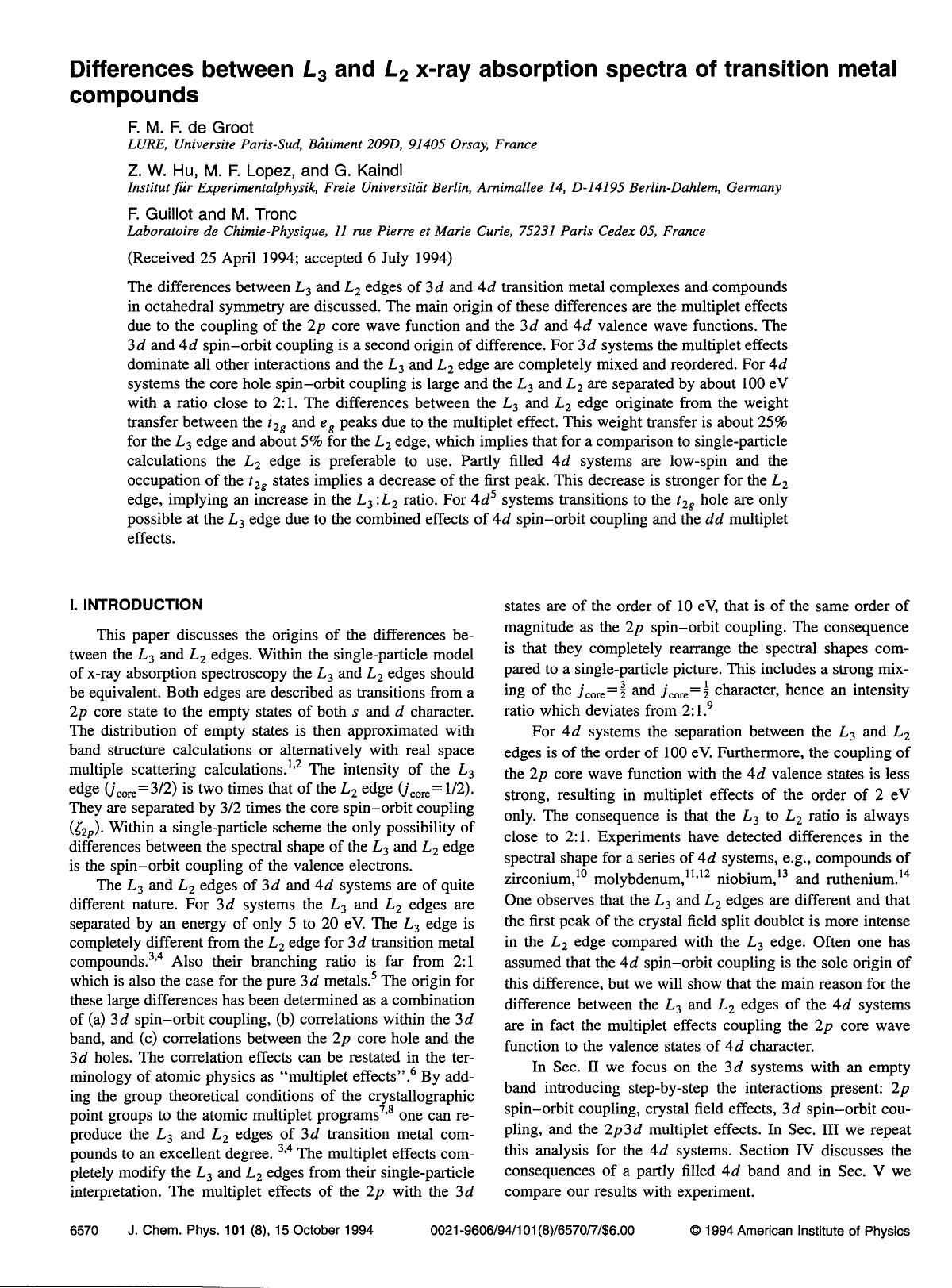 Differences between L3 and L2 x-ray absorption spectra of transition metal compounds by F. M. F. de Groot; Z. W. Hu; M. F. Lopez; G. Kaindl; F. Guillot; M. Tronc