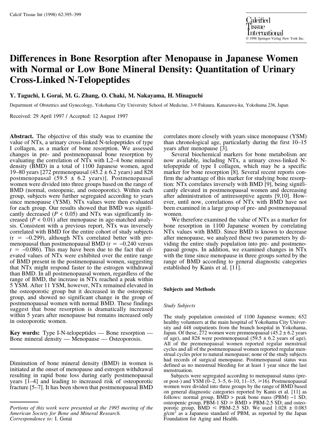 Differences in Bone Resorption after Menopause in Japanese Women with Normal or Low Bone Mineral Density: Quantitation of Urinary Cross-Linked N-Telopeptides by Taguchi Y. et al