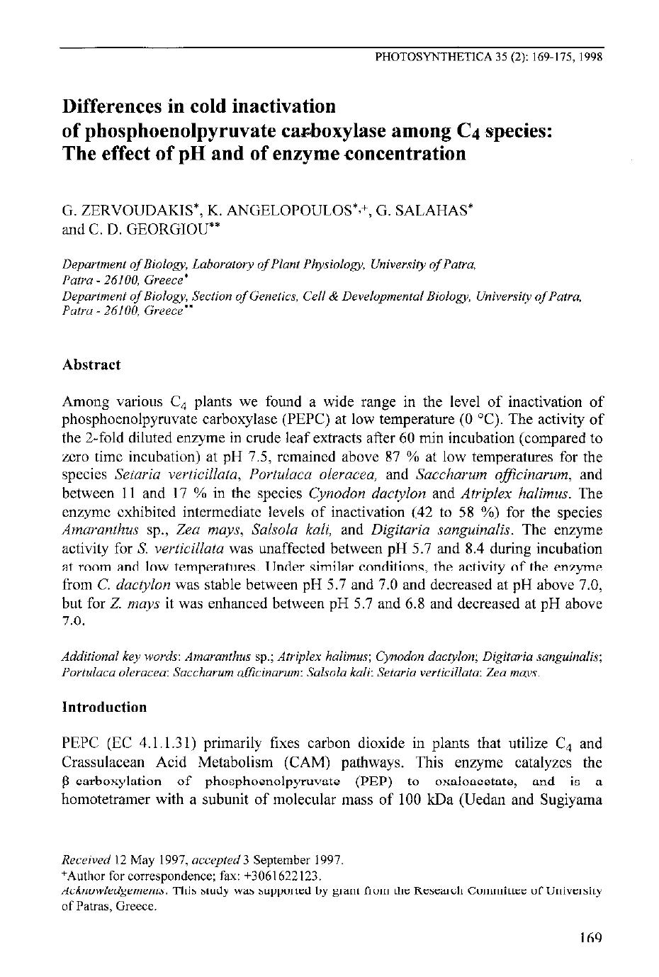 Differences in Cold Inactivation of Phosphoenolpyruvate Carboxylase among C4 Species: The Effect of pH and of Enzyme Concentration by Unknown