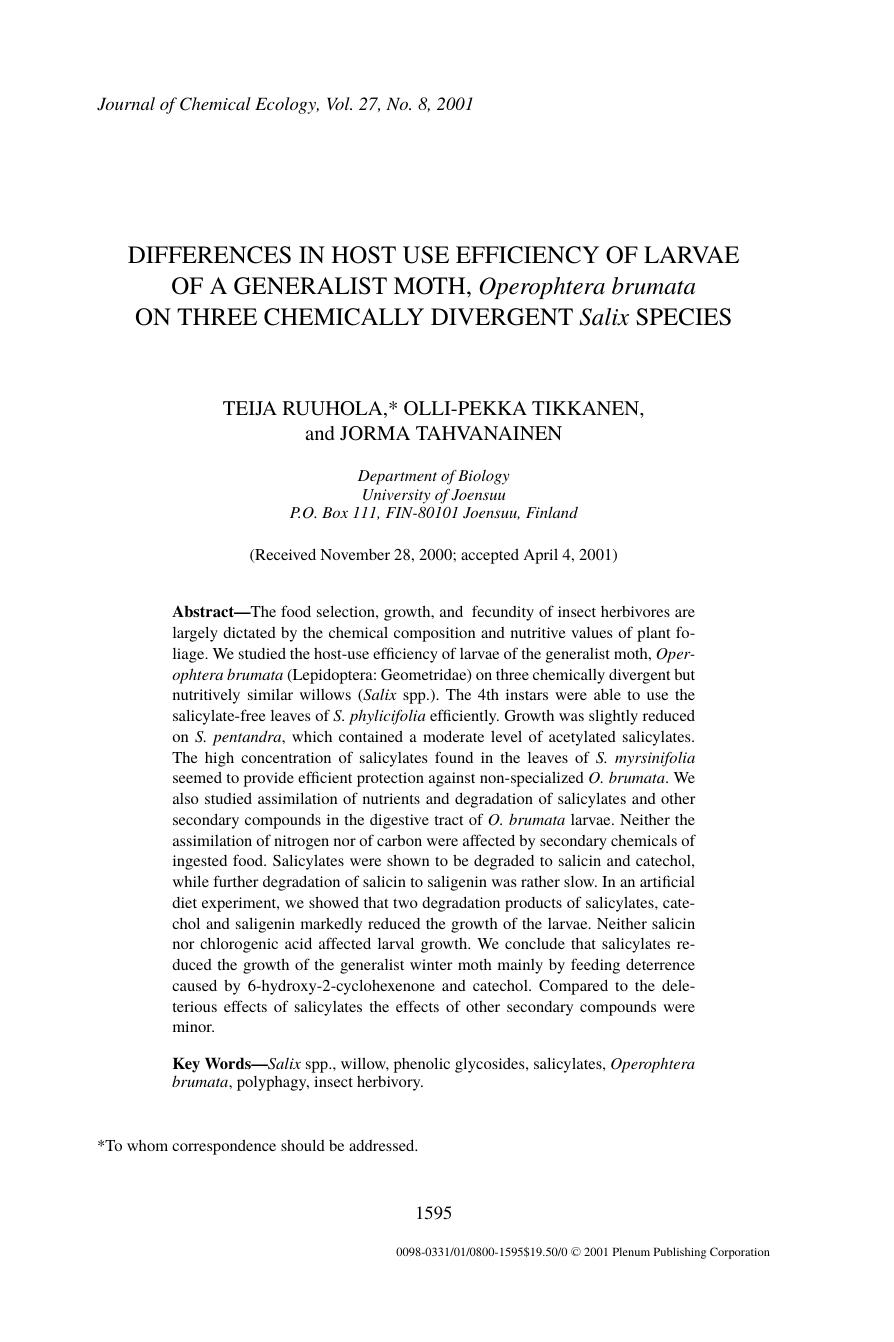 Differences in Host Use Efficiency of Larvae of a Generalist Moth, Operophtera brumata on Three Chemically Divergent Salix Species by Unknown