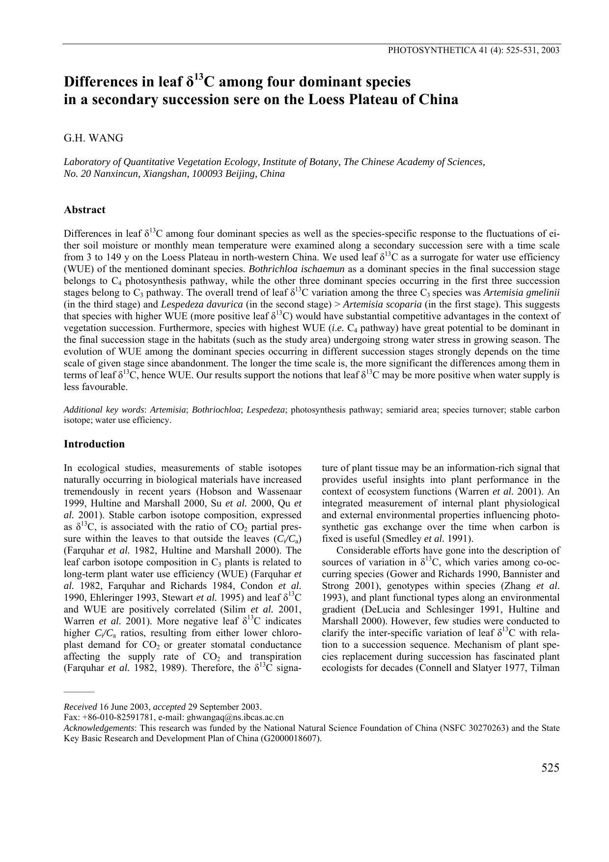 Differences in Leaf &#x03B4;<Superscript>13<Superscript>C Among Four Dominant Species in a Secondary Succession Sere on the Loess Plateau of China by Unknown