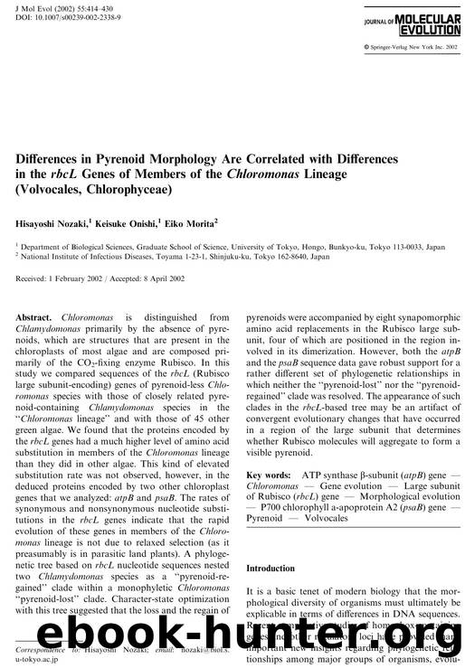 Differences in Pyrenoid Morphology Are Correlated with Differences in the rbcL Genes of Members of the Chloromonas Lineage (Volvocales, Chlorophyceae) by Nozaki H. et al