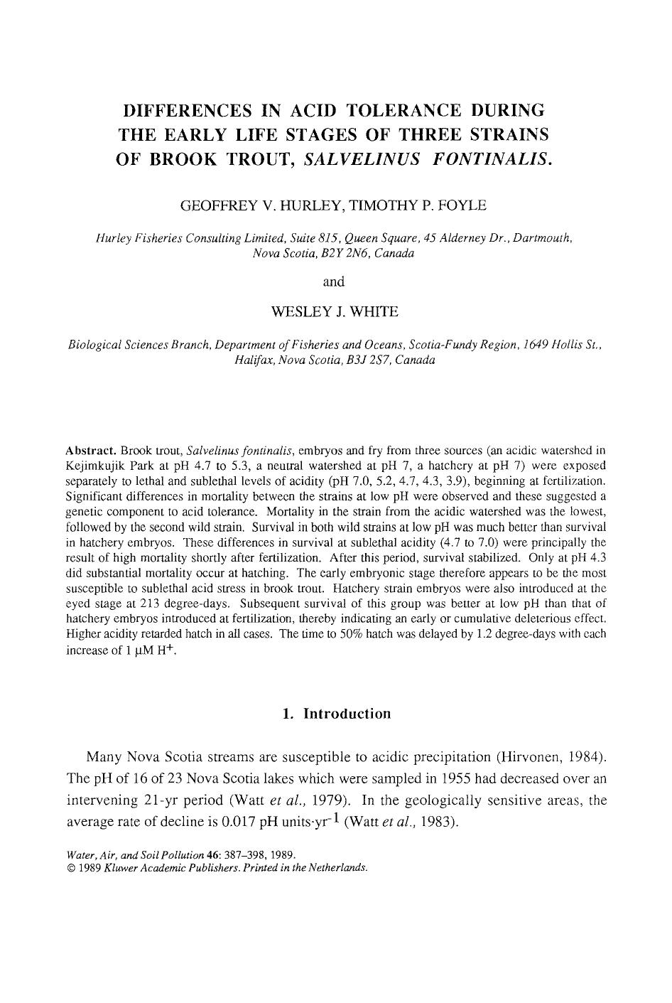 Differences in acid tolerance during the early life stages of three strains of brook trout, <Emphasis Type="Italic">Salvelinus fontinalis<Emphasis> by Unknown