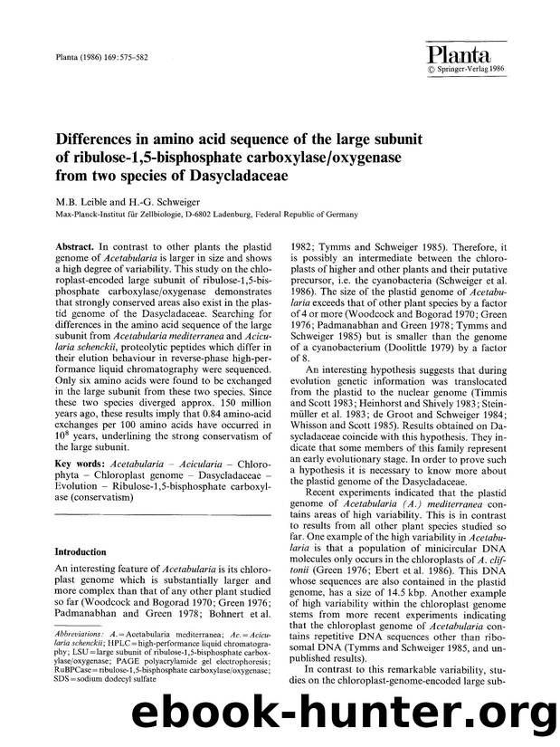 Differences in amino acid sequence of the large subunit of ribulose-1,5-bisphosphate carboxylaseoxygenase from two species of Dasycladaceae by Unknown