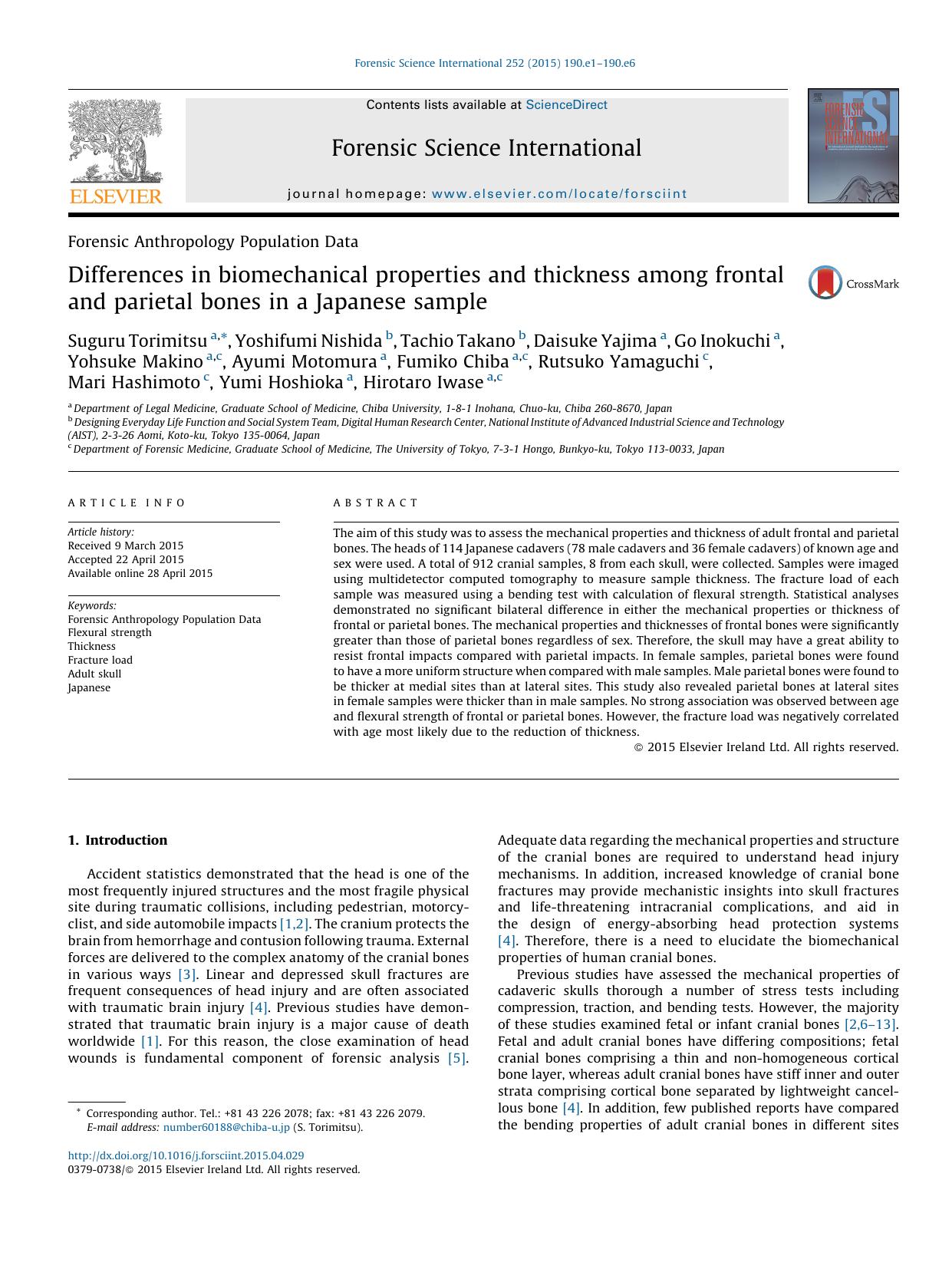 Differences in biomechanical properties and thickness among frontal and parietal bones in a Japanese sample by unknow