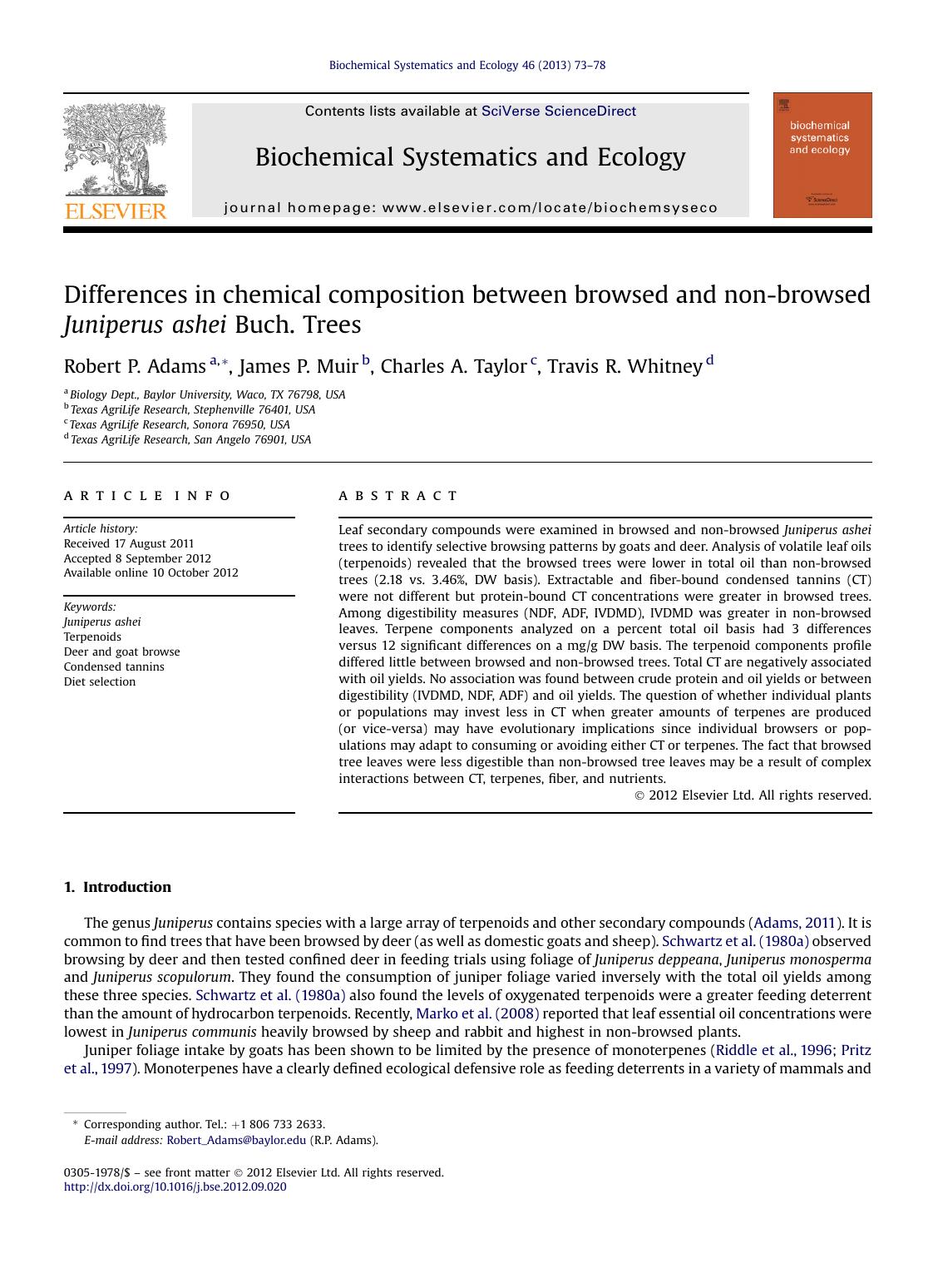 Differences in chemical composition between browsed and non-browsed Juniperus ashei Buch. Trees by Robert P. Adams & James P. Muir & Charles A. Taylor Jr. & Travis R. Whitney