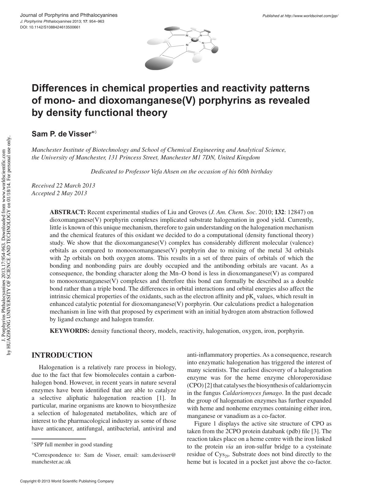 Differences in chemical properties and reactivity patterns of mono- and dioxomanganese(V) porphyrins as revealed by density functional theory by Sam P. de Visser