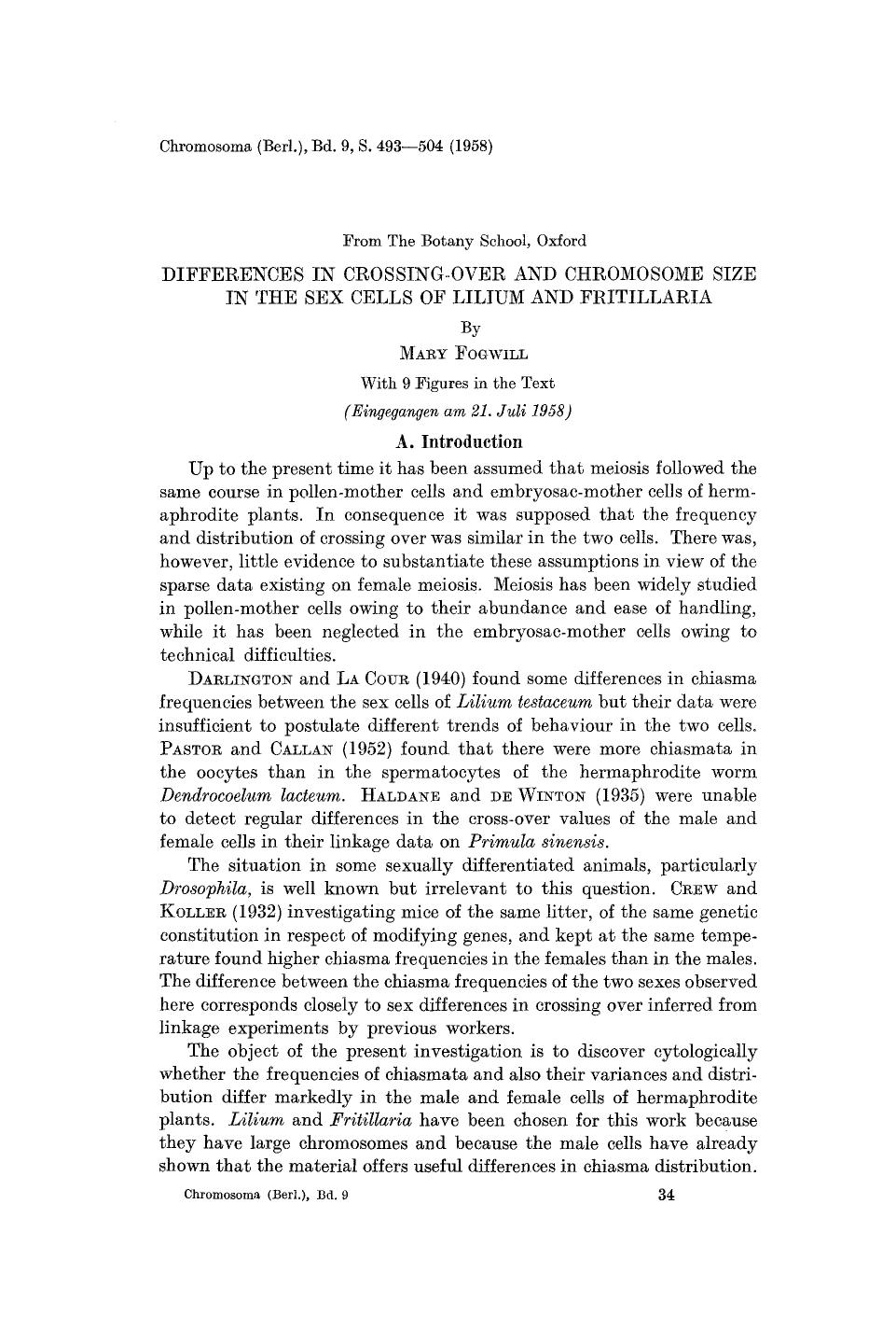 Differences in crossing-over and chromosome size in the sex cells of Lilium and Fritillaria by Unknown