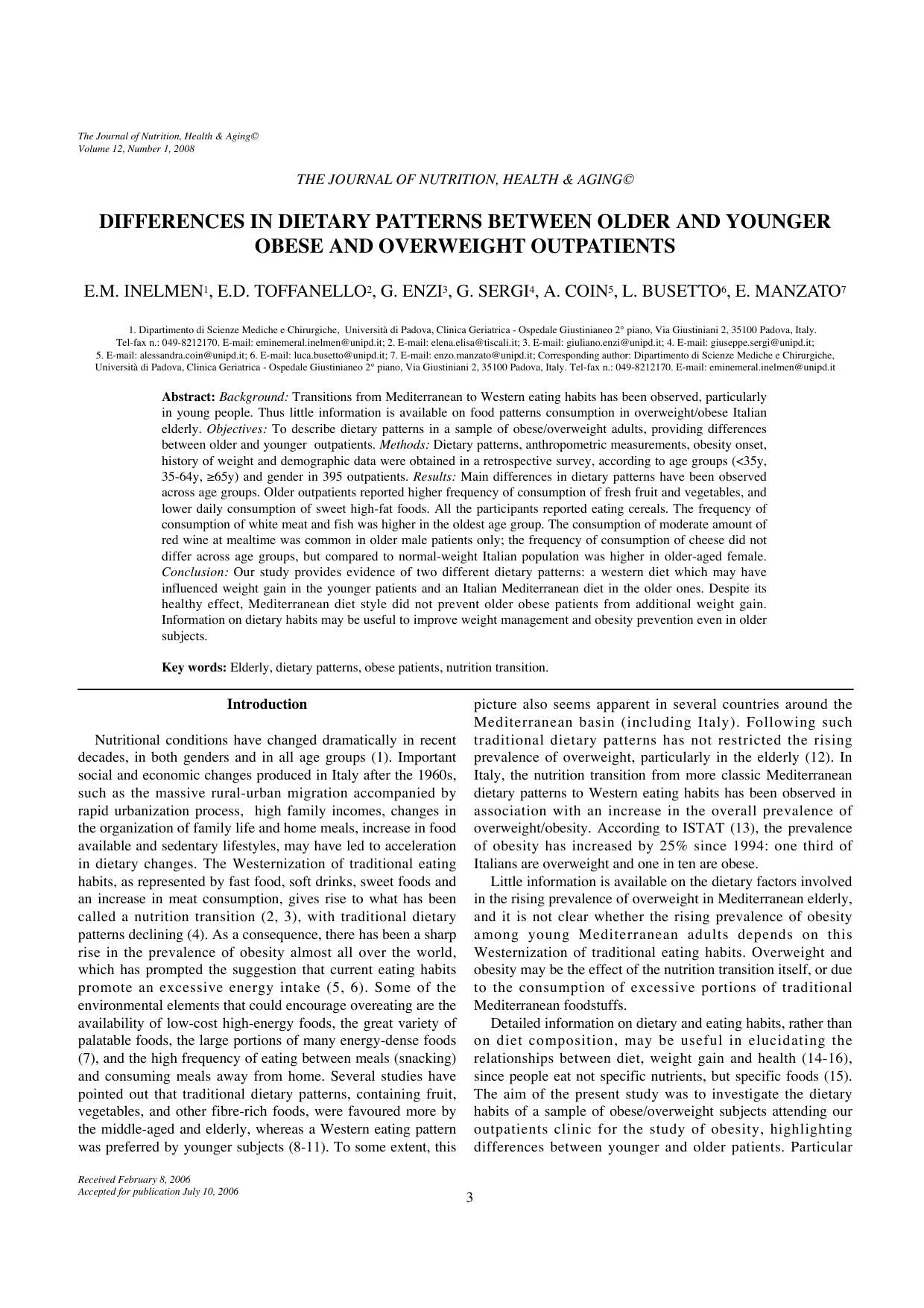 Differences in dietary patterns between older and younger obese and overweight outpatients by Unknown
