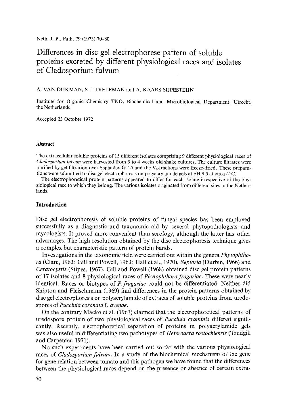 Differences in disc gel electrophorese pattern of soluble proteins excreted by different physiological races and isolates of Cladosporium fulvum by Unknown