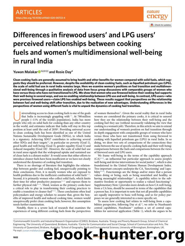 Differences in firewood usersâ and LPG usersâ perceived relationships between cooking fuels and womenâs multidimensional well-being in rural India by Yuwan Malakar & Rosie Day