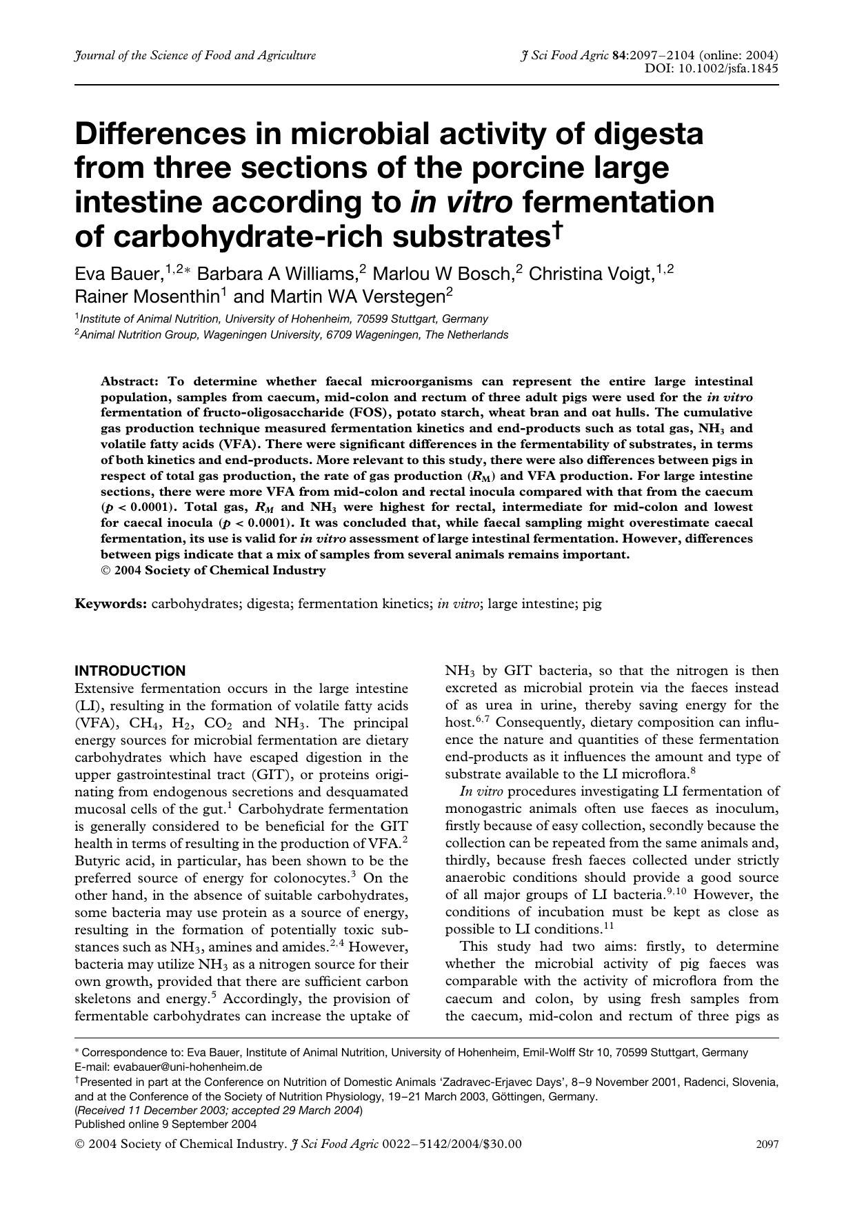 Differences in microbial activity of digesta from three sections of the porcine large intestine according to in vitro fermentation of carbohydrate-rich substrates by Unknown