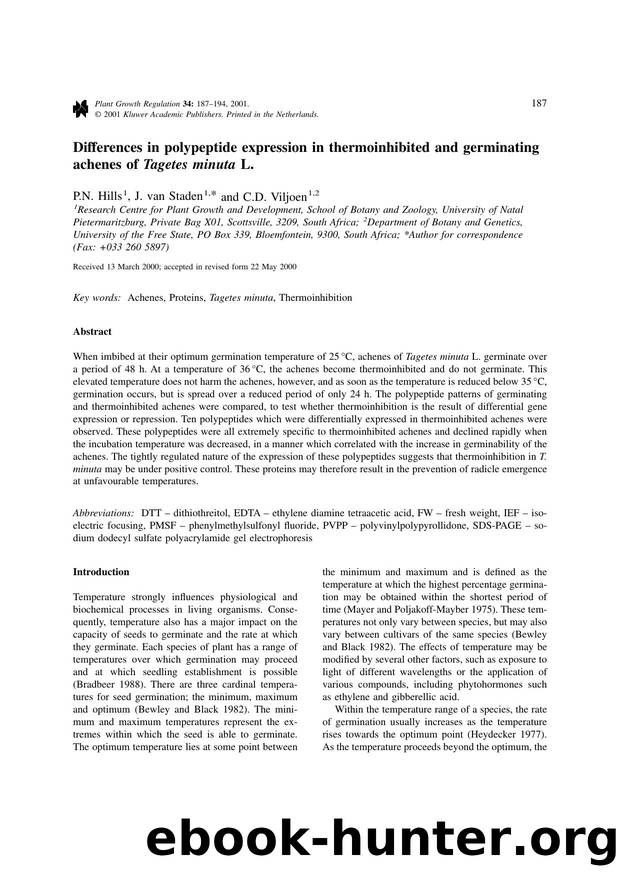 Differences in polypeptide expression in thermoinhibited and germinating achenes of Tagetes minuta L. by Unknown