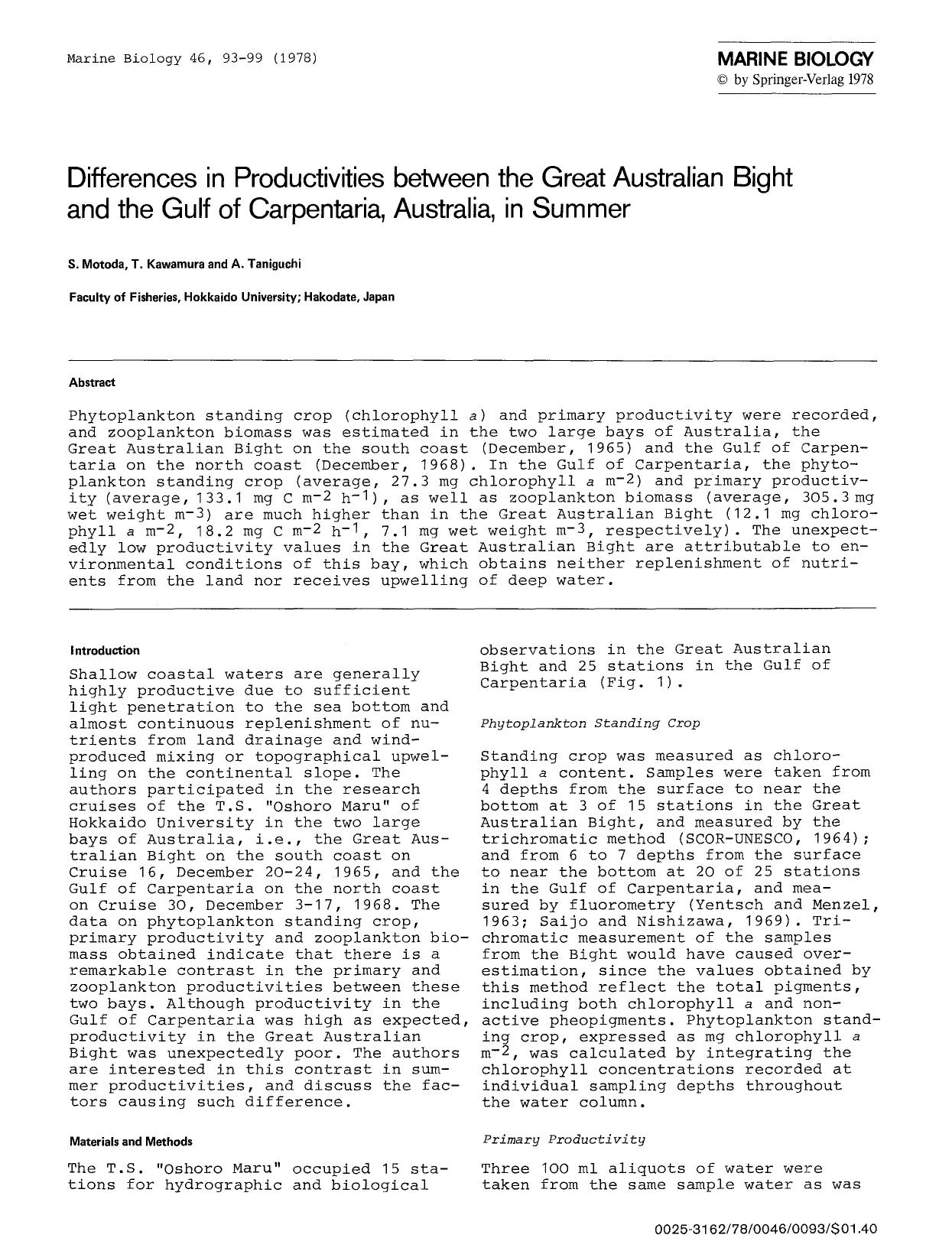 Differences in productivities between the Great Australian Bight and the Gulf of Carpentaria, Australia, in summer by Unknown