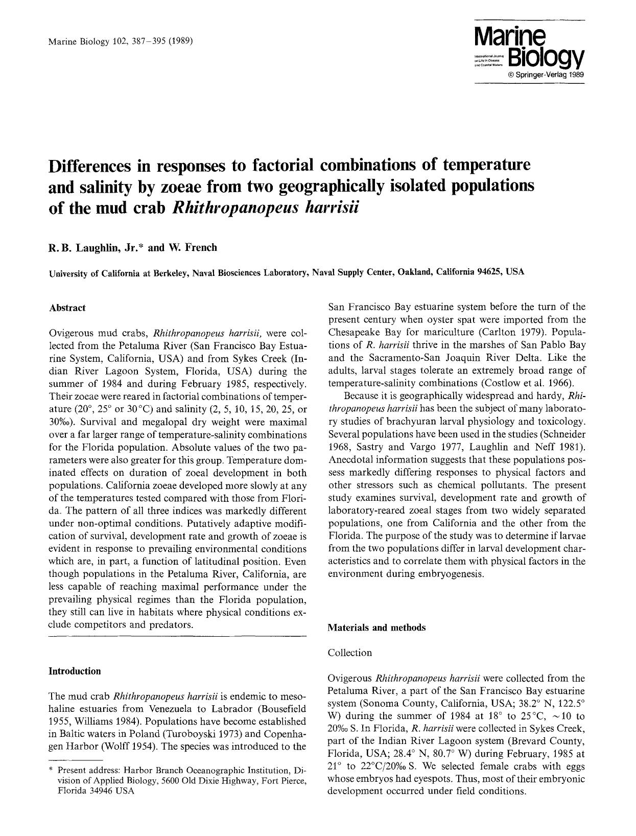 Differences in responses to factorial combinations of temperature and salinity by zoeae from two geographically isolated populations of the mud crab <Emphasis Type="Italic">Rhithro by Unknown