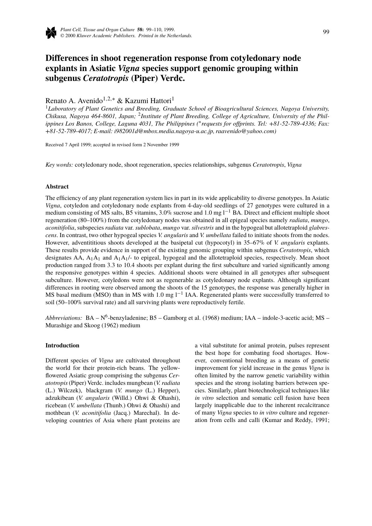 Differences in shoot regeneration response from cotyledonary node explants in Asiatic Vigna species support genomic grouping within subgenus Ceratotropis (Piper) Verdc. by Unknown