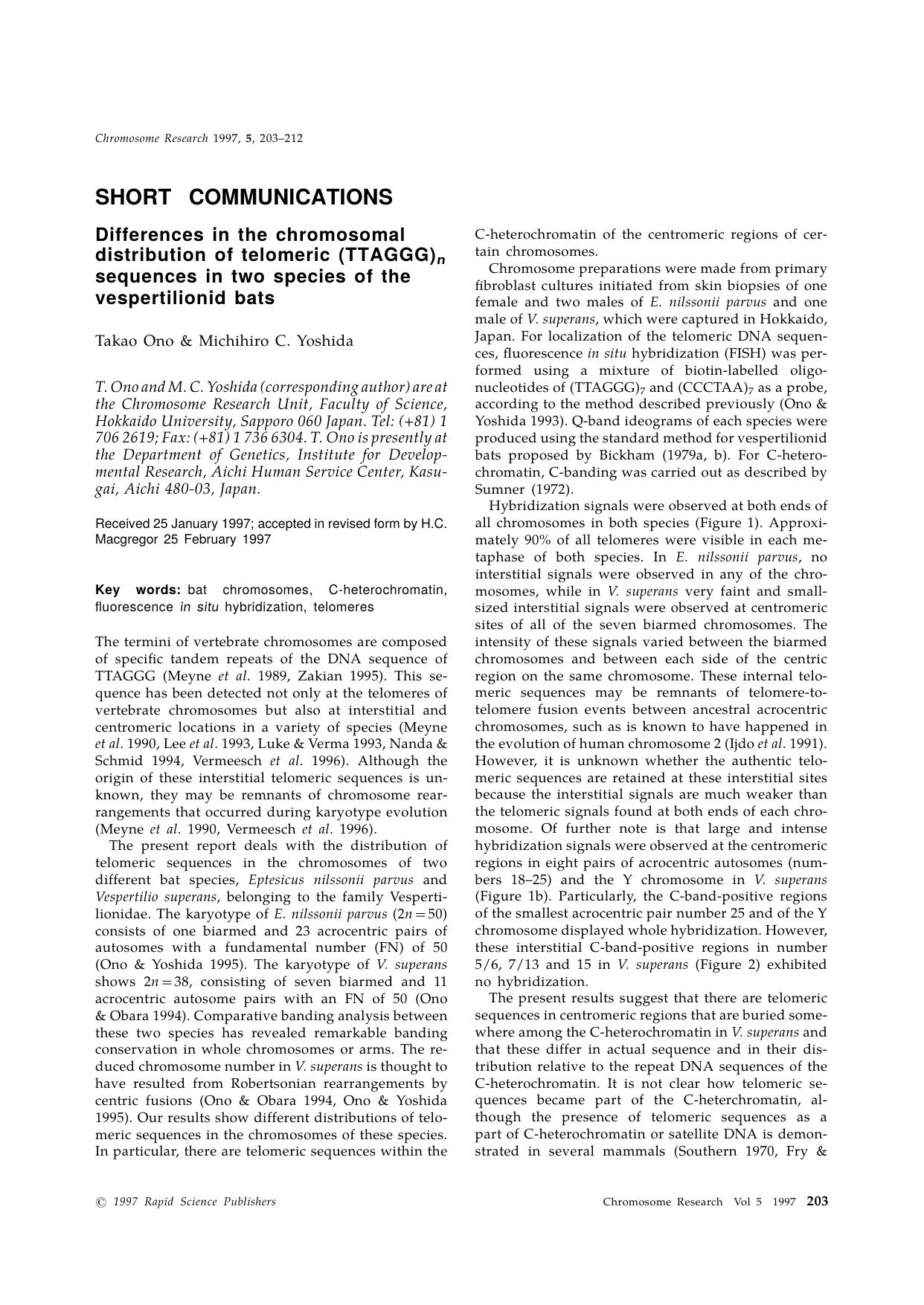 Differences in the chromosomal distribution of telomeric (TTAGGG) n sequences in two species of the vespertilionid bats by Unknown