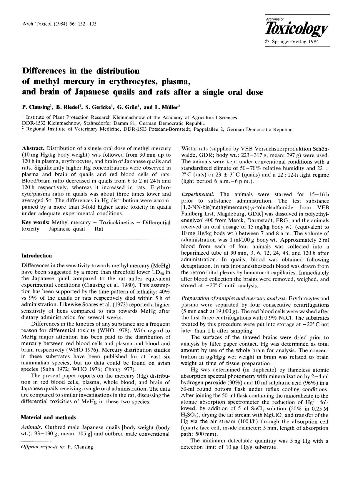 Differences in the distribution of methyl mercury in erythrocytes, plasma, and brain of Japanese quails and rats after a single oral dose by Unknown