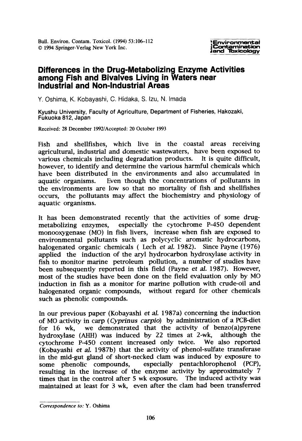 Differences in the drug-metabolizing enzyme activities among fish and bivalves living in waters near industrial and non-industrial areas by Unknown