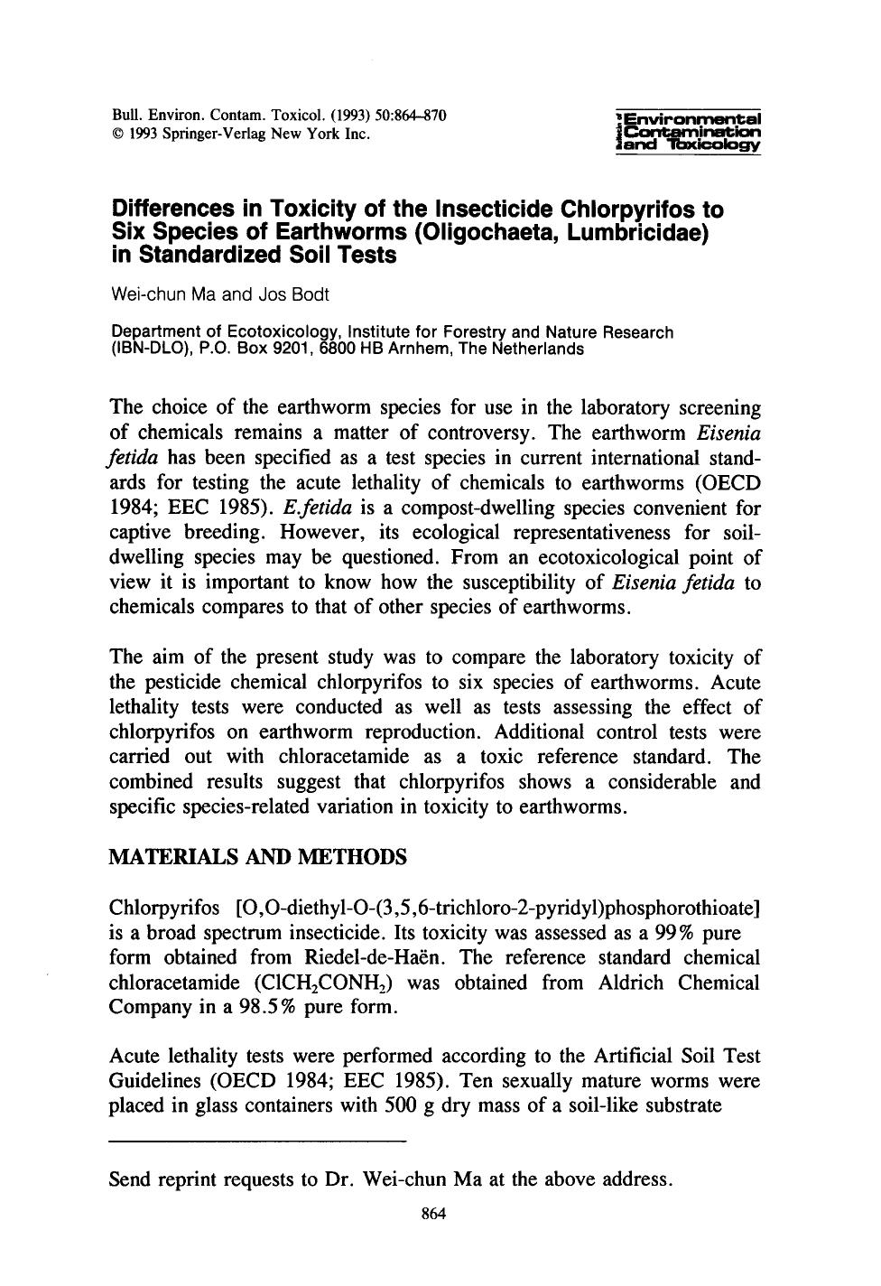 Differences in toxicity of the insecticide chlorpyrifos to six species of earthworms (Oligochaeta, Lumbricidae) in standardized soil tests by Unknown