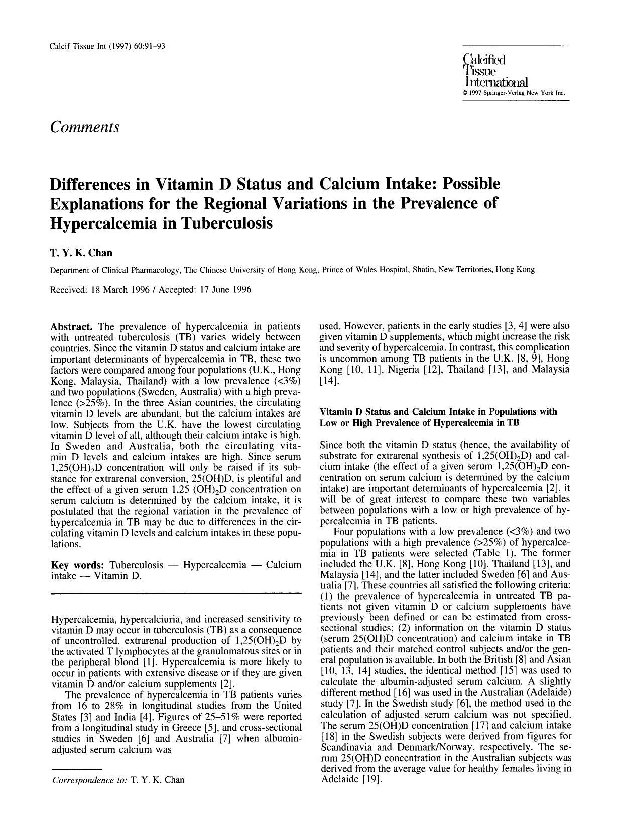Differences in vitamin D status and calcium intake: Possible explanations for the regional variations in the prevalence of hypercalcemia in tuberculosis by Unknown