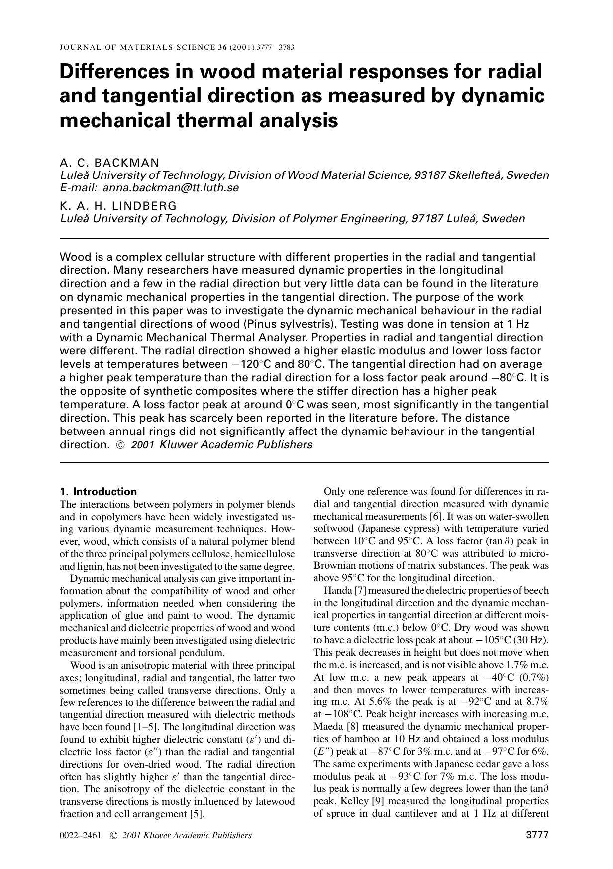 Differences in wood material responses for radial and tangential direction as measured by dynamic mechanical thermal analysis by Unknown