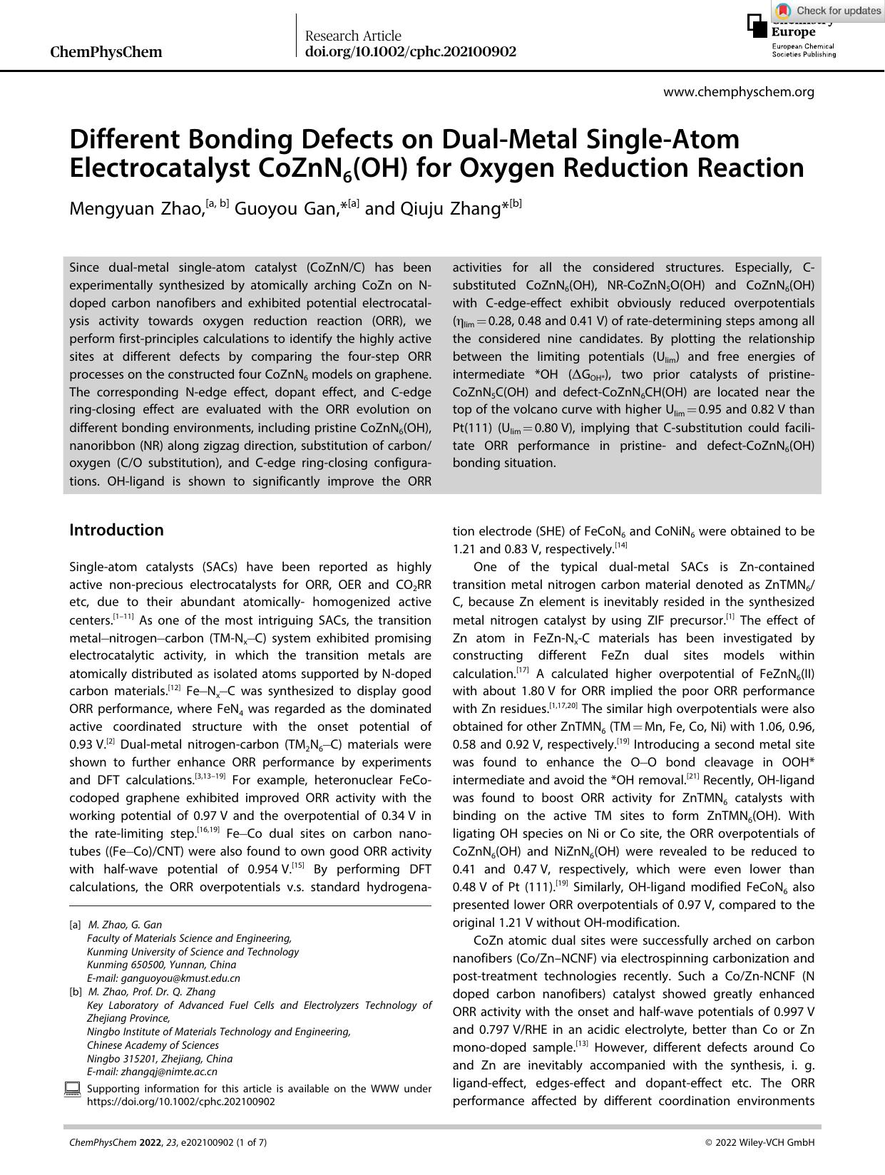 Different Bonding Defects on DualâMetal SingleâAtom Electrocatalyst CoZnN6(OH) for Oxygen Reduction Reaction by Unknown