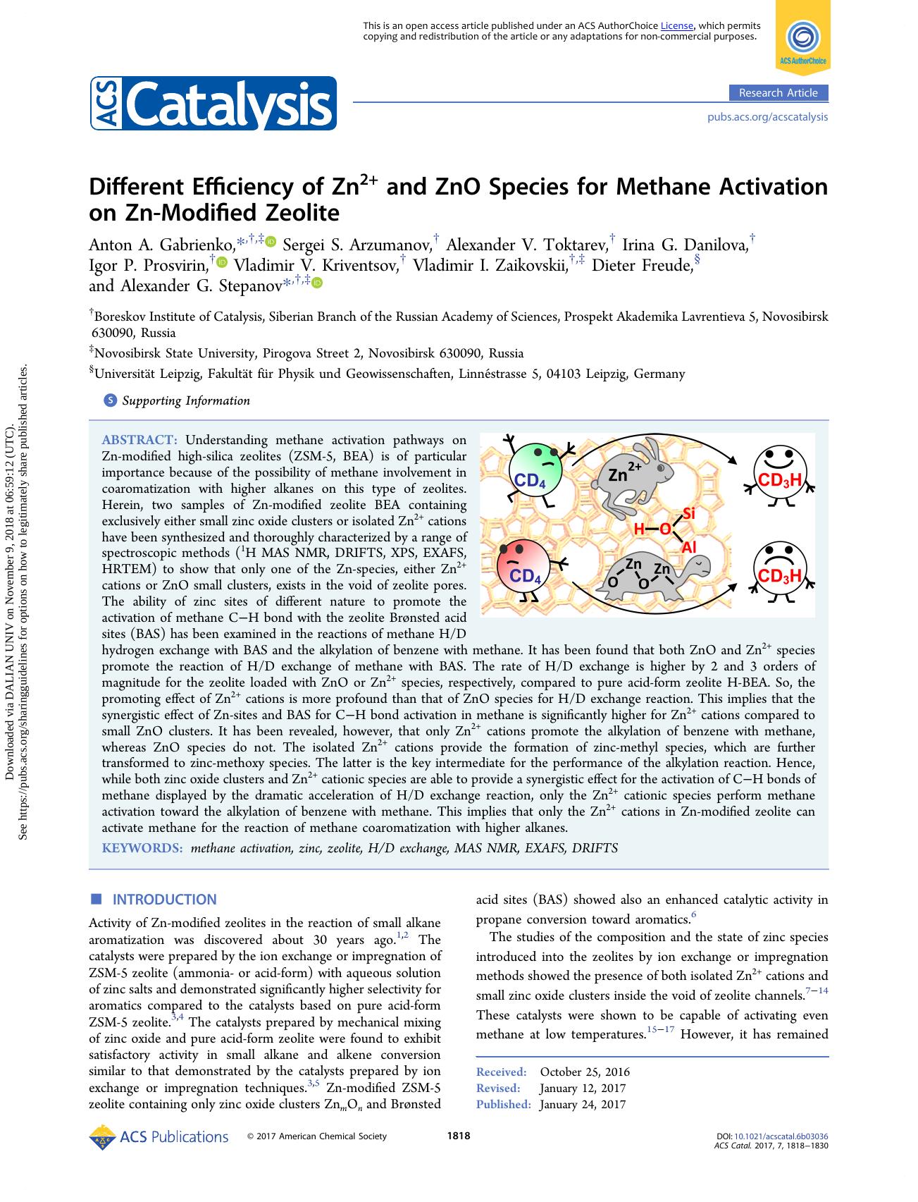 Different Efficiency of Zn2+ and ZnO Species for Methane Activation on Zn-Modified Zeolite by unknow