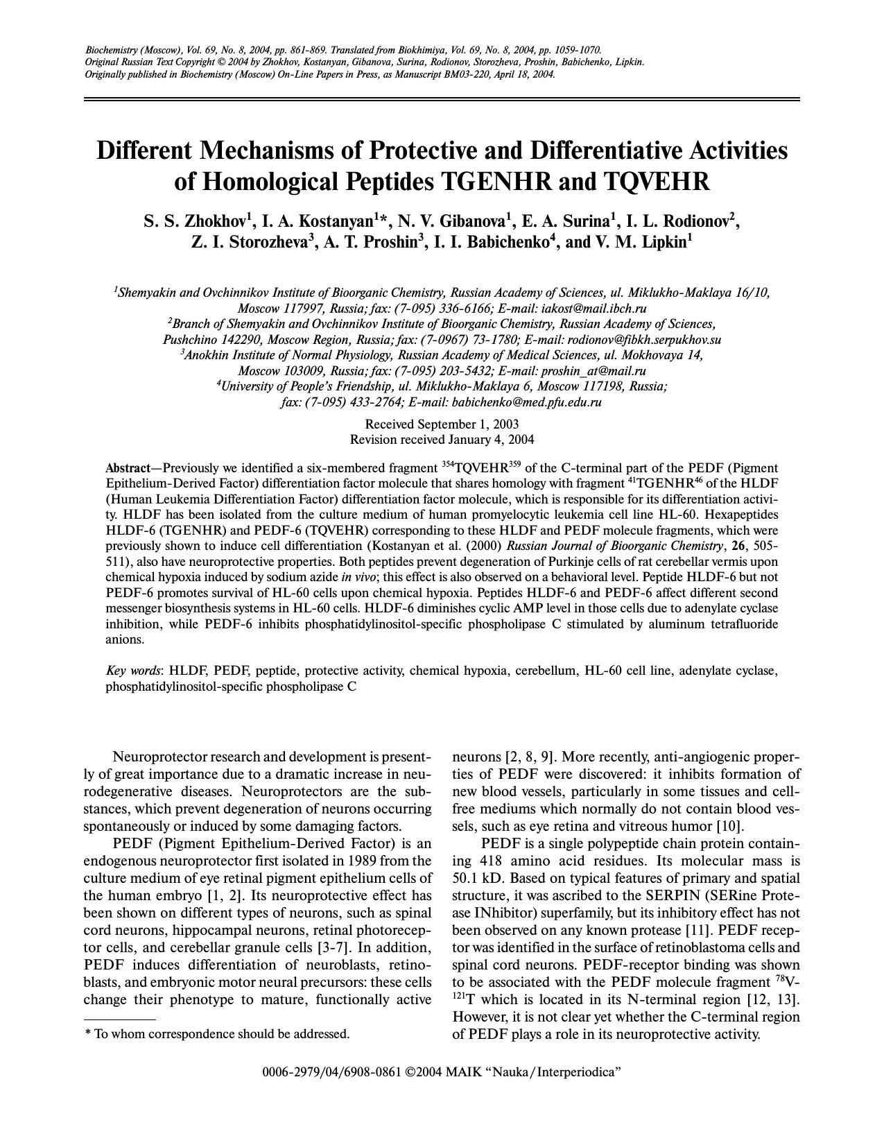 Different Mechanisms of Protective and Differentiative Activities of Homological Peptides TGENHR and TQVEHR by Unknown