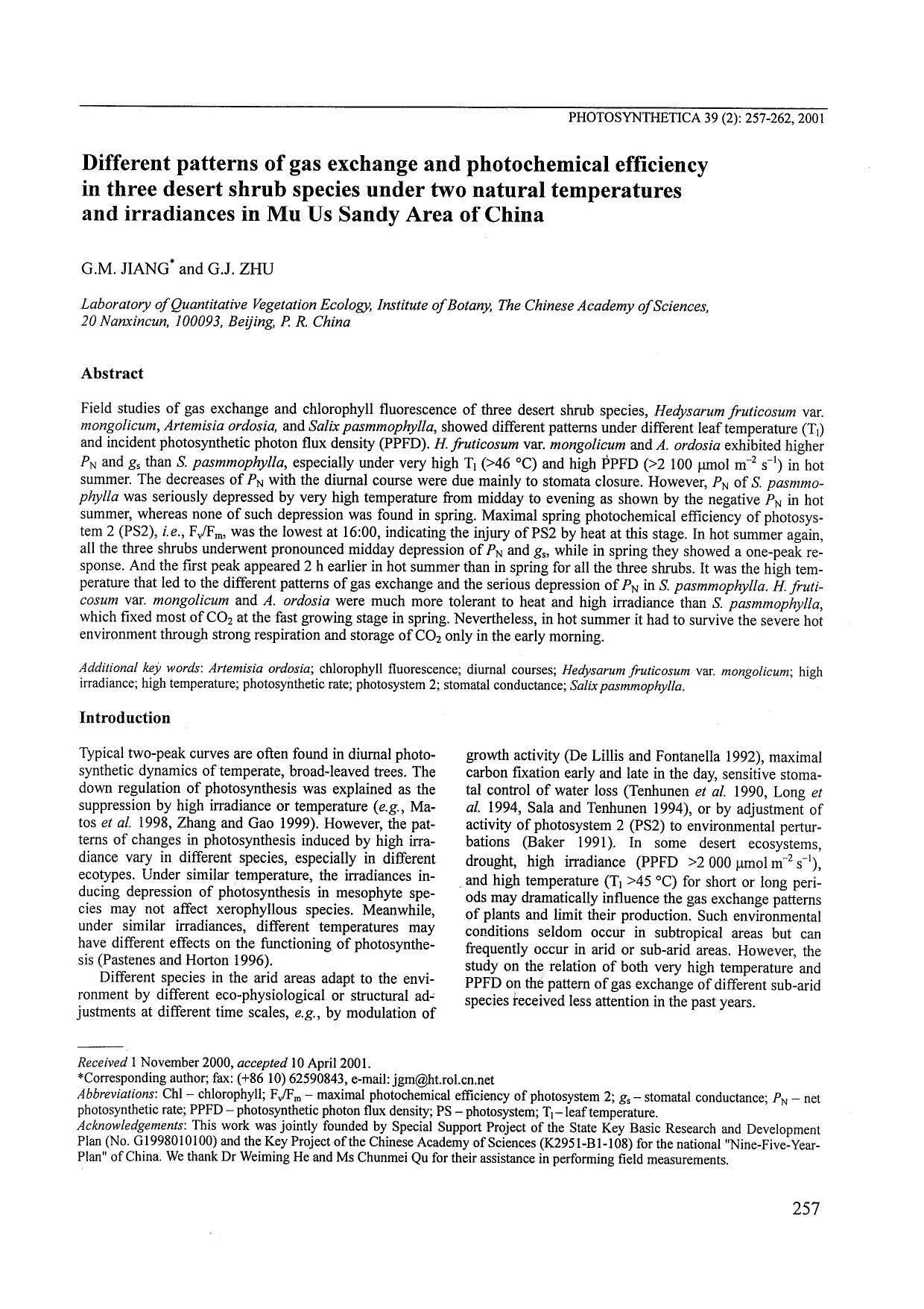 Different Patterns of Gas Exchange and Photochemical Efficiency in Three Desert Shrub Species Under Two Natural Temperatures and Irradiances in Mu Us Sandy Area of China by Unknown