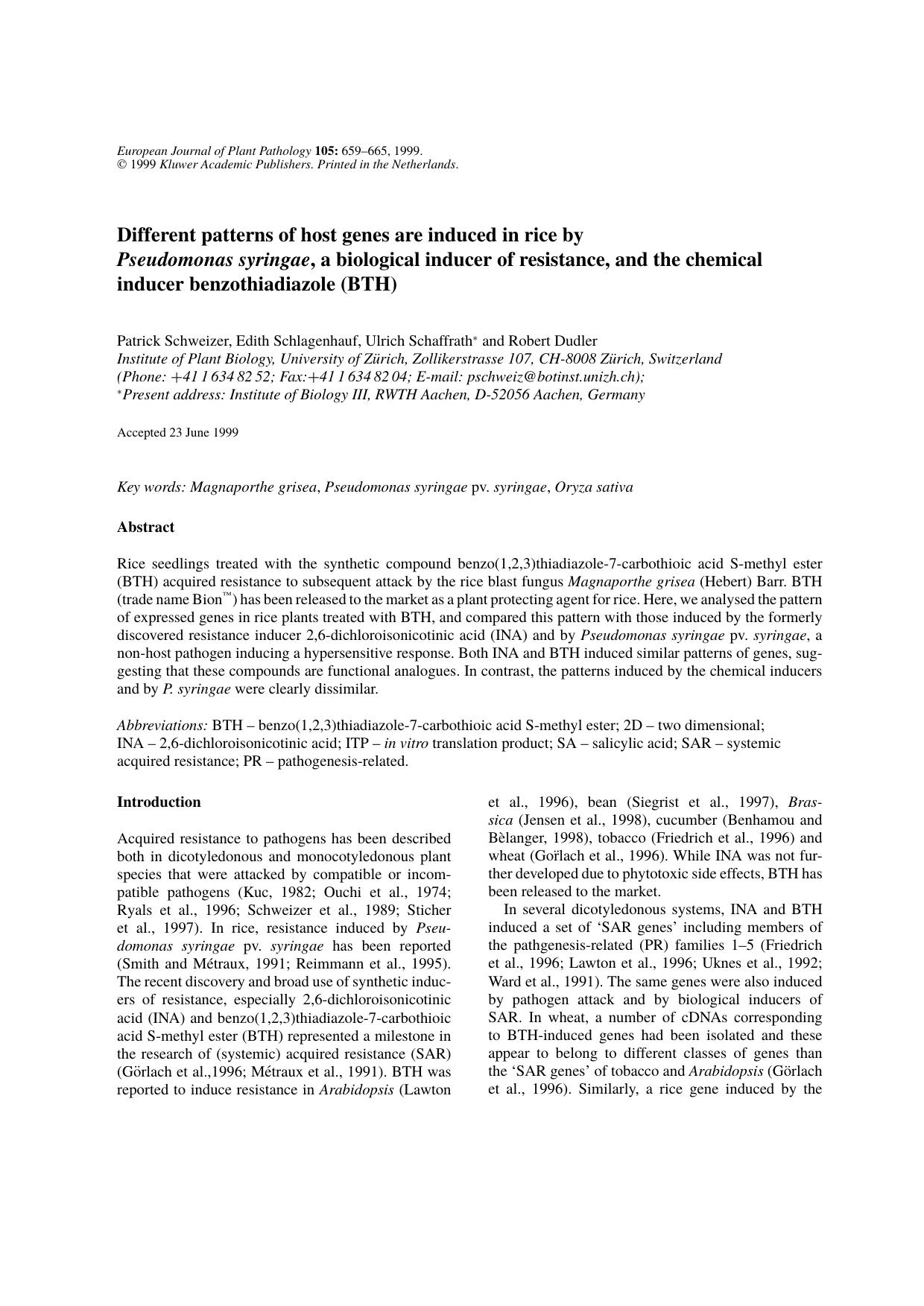 Different Patterns of Host Genes are Induced in Rice by Pseudomonas syringae, a Biological Inducer of Resistance, and the Chemical Inducer Benzothiadiazole (BTH) by Unknown