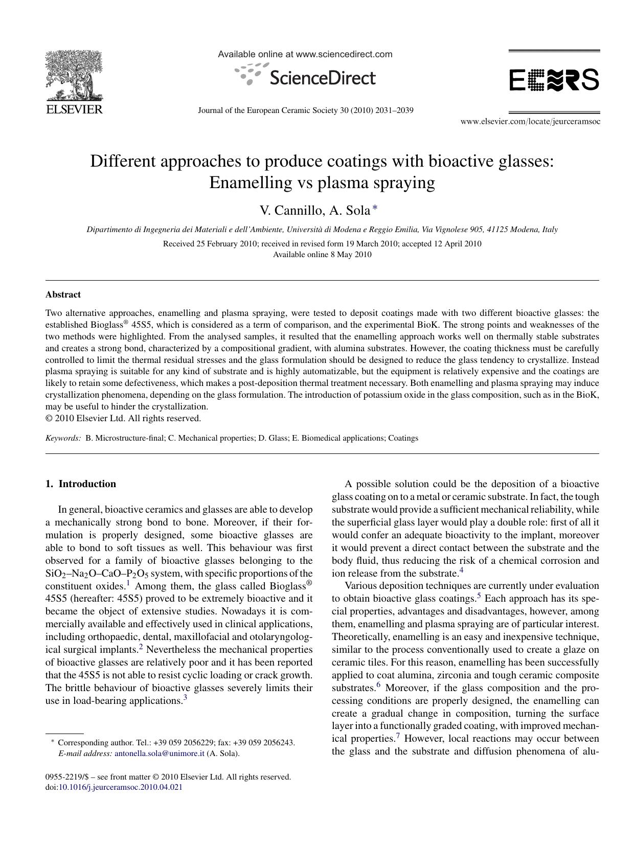 Different approaches to produce coatings with bioactive glasses: Enamelling vs plasma spraying by V. Cannillo; A. Sola