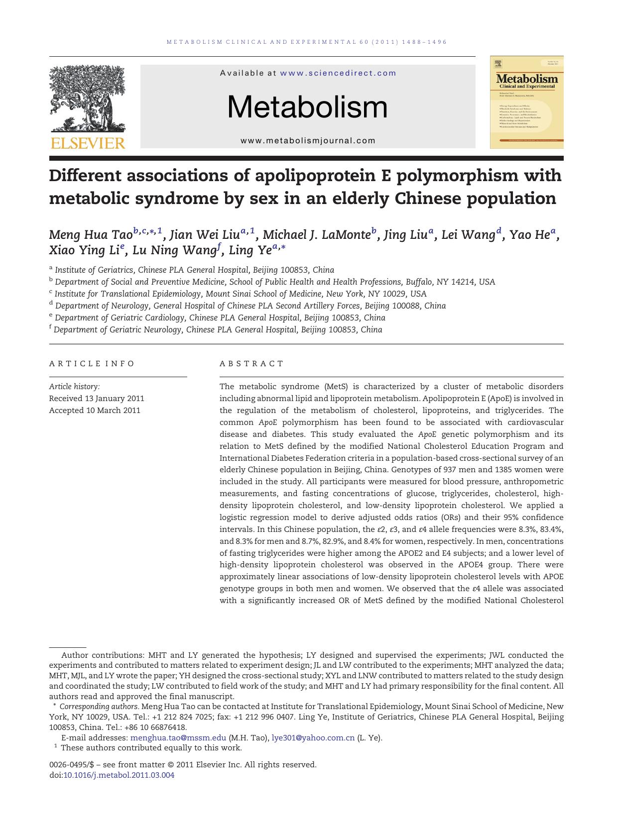 Different associations of apolipoprotein E polymorphism with metabolic syndrome by sex in an elderly Chinese population by Meng Hua Tao