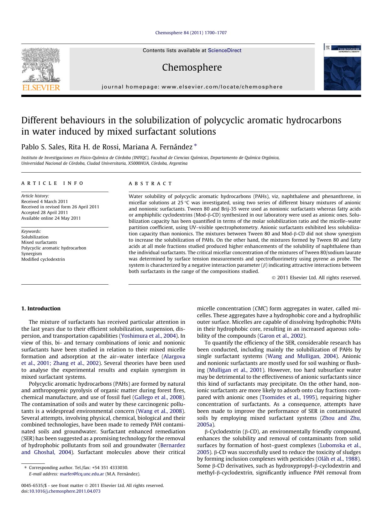 Different behaviours in the solubilization of polycyclic aromatic hydrocarbons in water induced by mixed surfactant solutions by Pablo S. Sales & Rita H. de Rossi & Mariana A. Fernández