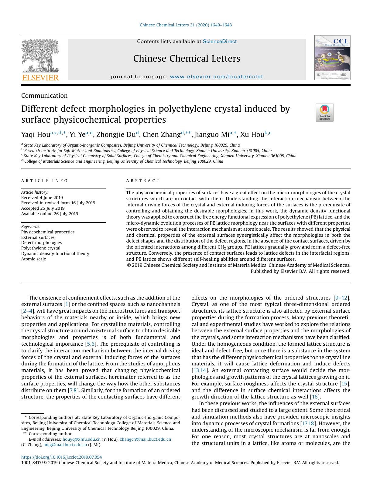 Different defect morphologies in polyethylene crystal induced by surface physicochemical properties by Yaqi Hou