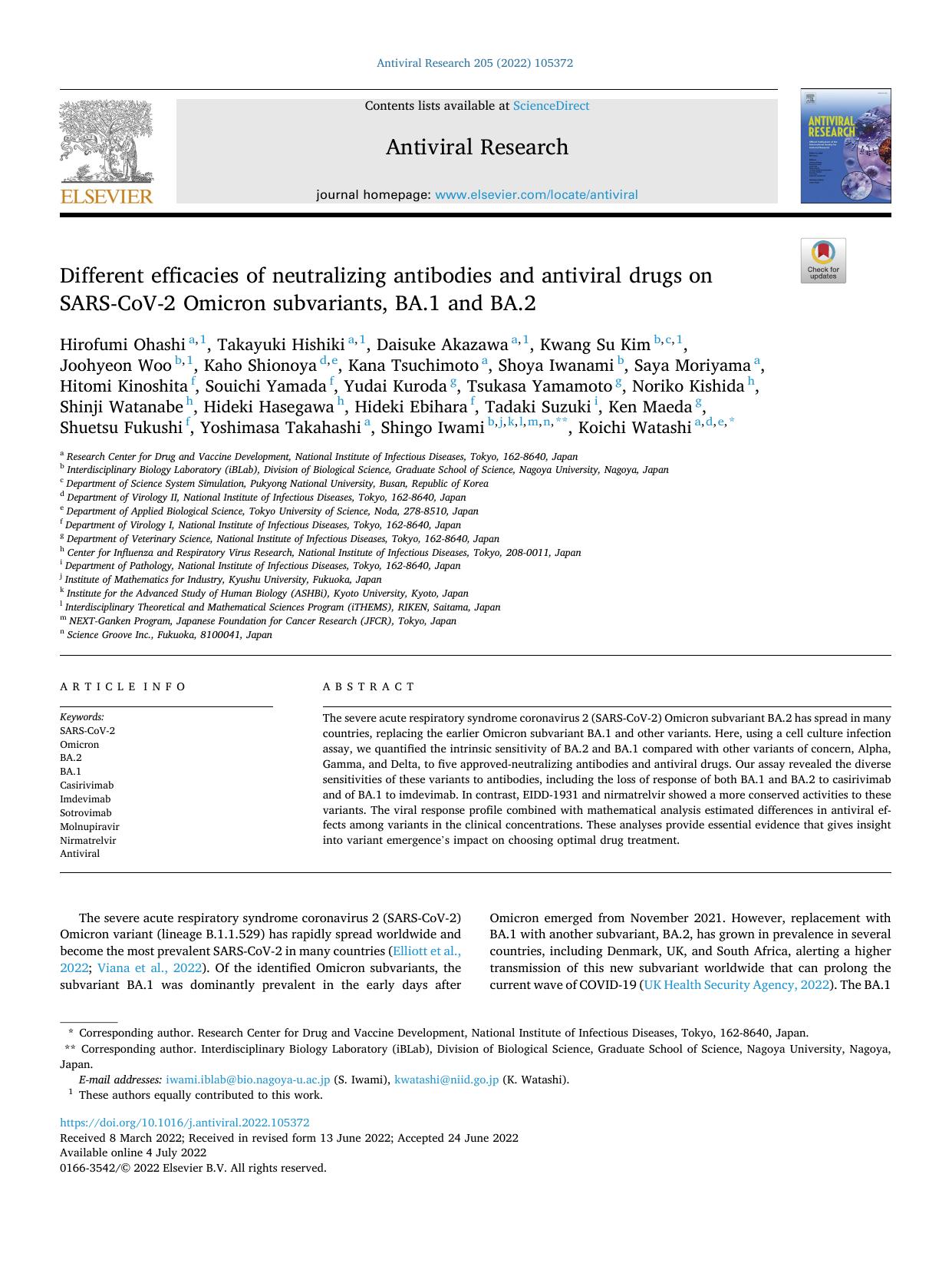 Different efficacies of neutralizing antibodies and antiviral drugs on SARS-CoV-2 Omicron subvariants, BA.1 and BA.2 by unknow