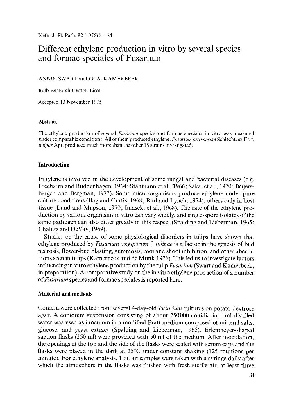 Different ethylene production in vitro by several species and formae speciales of Fusarium by Unknown