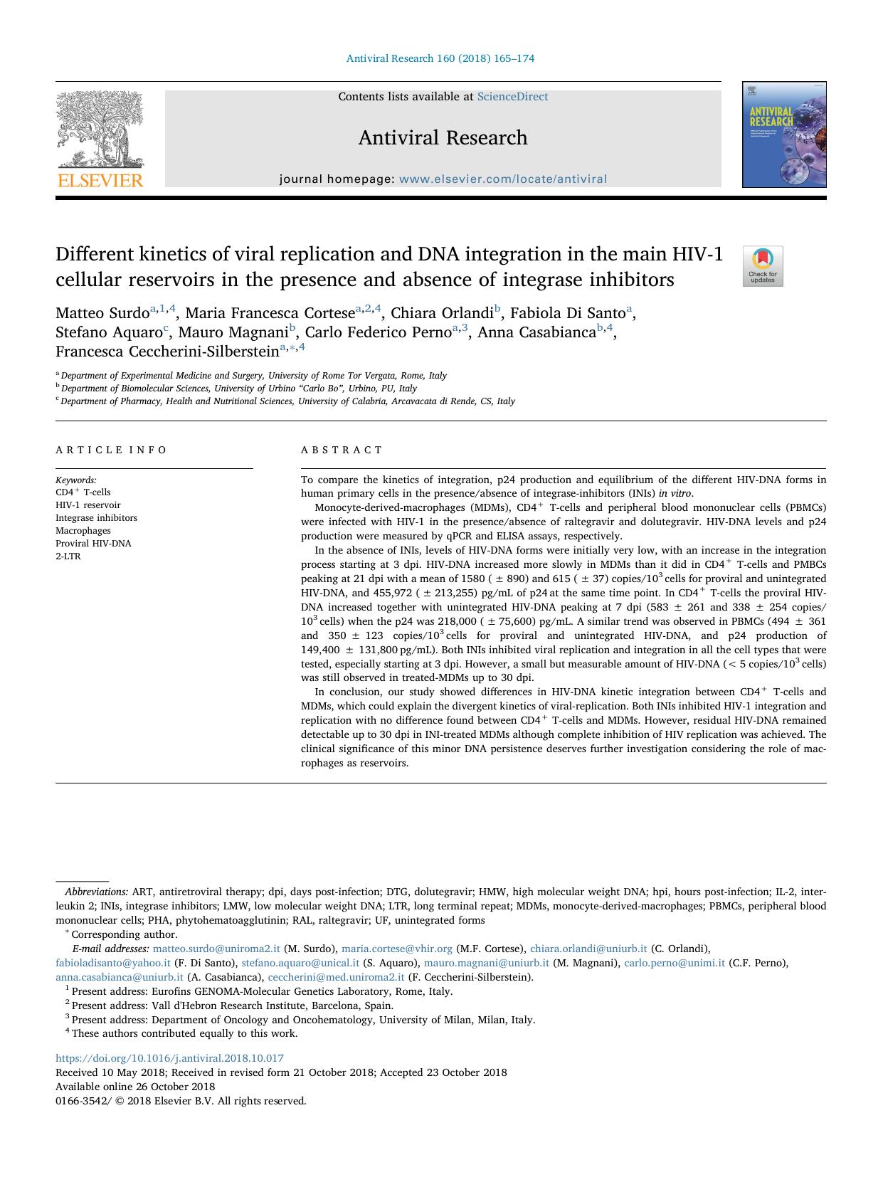 Different kinetics of viral replication and DNA integration in the main HIV-1 cellular reservoirs in the presence and absence of integrase inhibitors by unknow