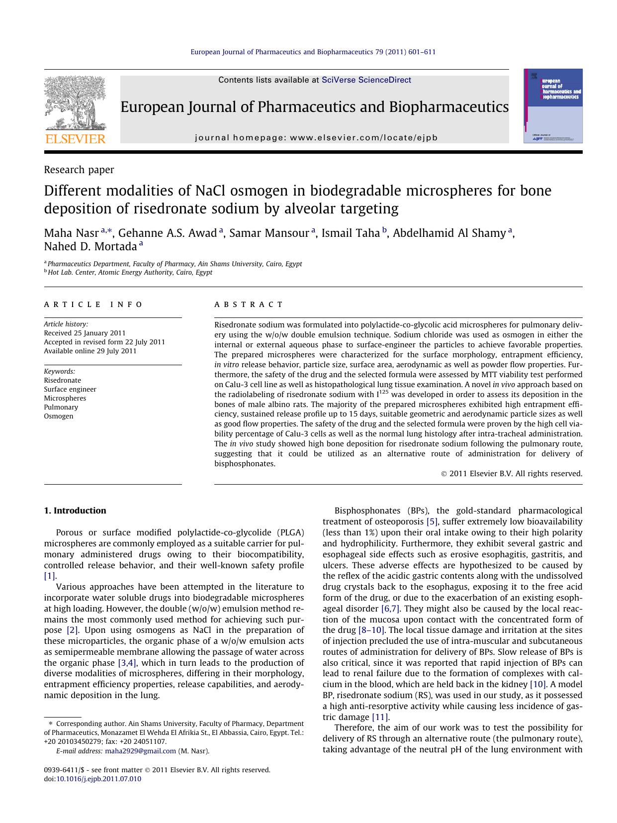 Different modalities of NaCl osmogen in biodegradable microspheres for bone deposition of risedronate sodium by alveolar targeting by Maha Nasr & Gehanne A.S. Awad & Samar Mansour & Ismail Taha & Abdelhamid Al Shamy & Nahed D. Mortada