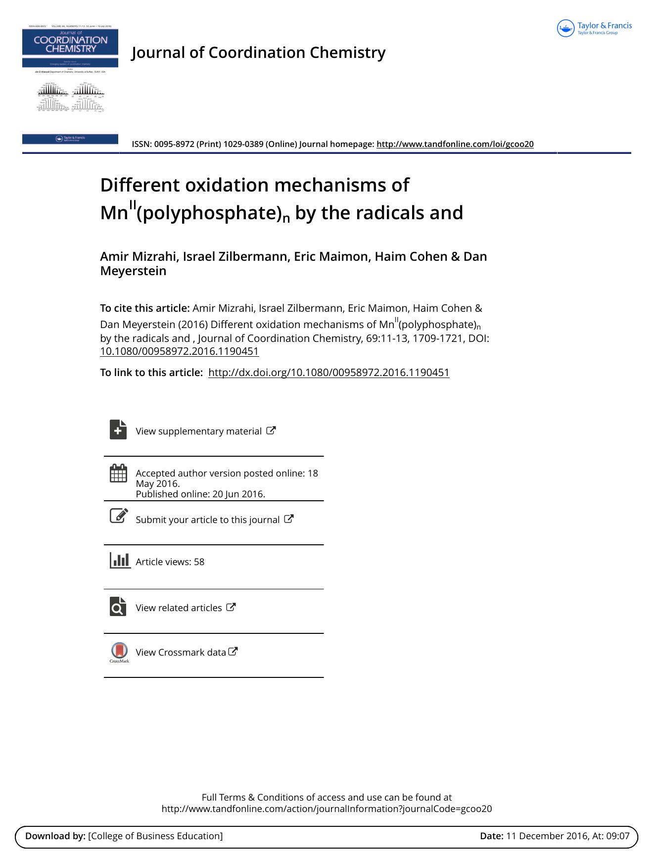 Different oxidation mechanisms of MnII(polyphosphate)n by the radicals NO.2 and CO.â3 by Amir Mizrahi & Israel Zilbermann & Eric Maimon & Haim Cohen & Dan Meyerstein