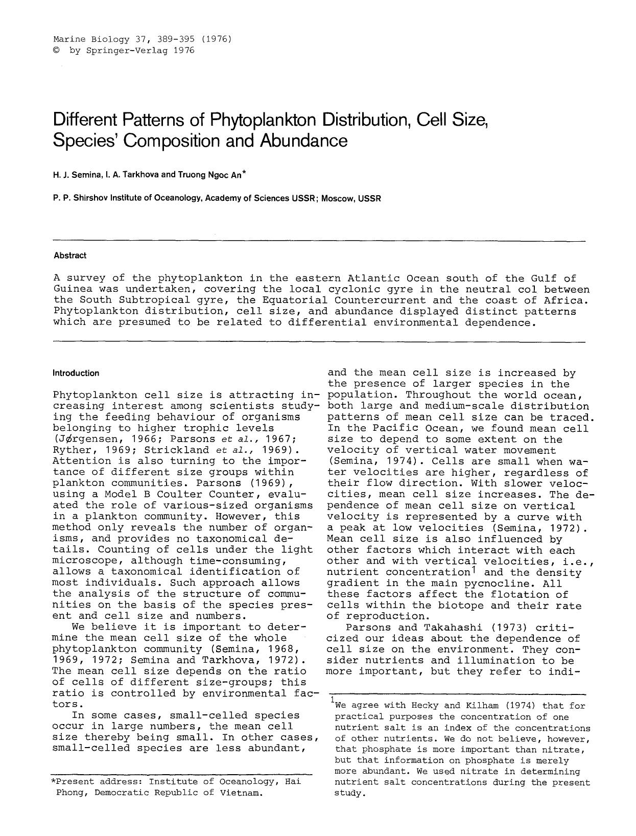 Different patterns of phytoplankton distribution, cell size, species' composition and abundance by Unknown
