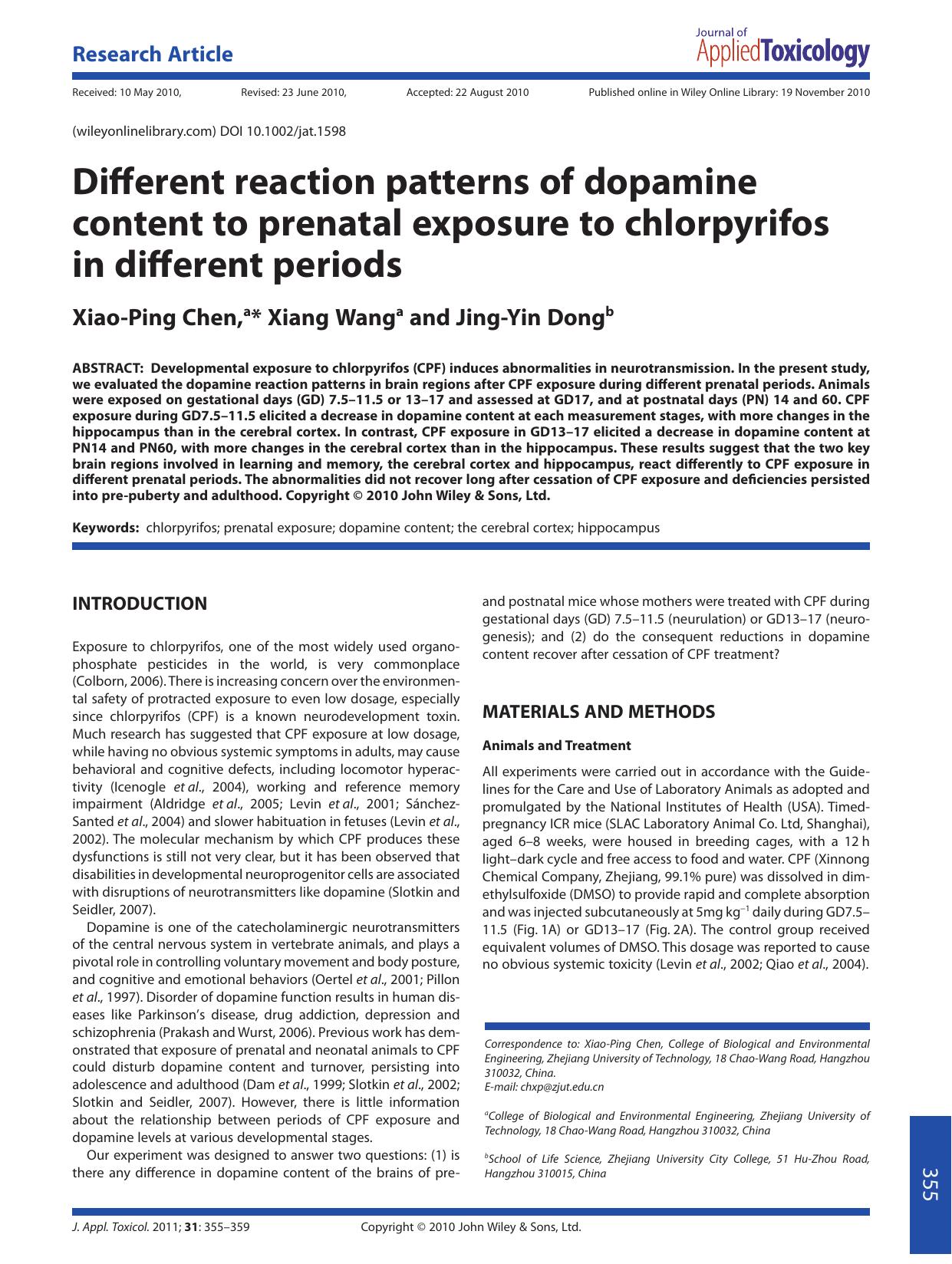 Different reaction patterns of dopamine content to prenatal exposure to chlorpyrifos in different periods by Unknown